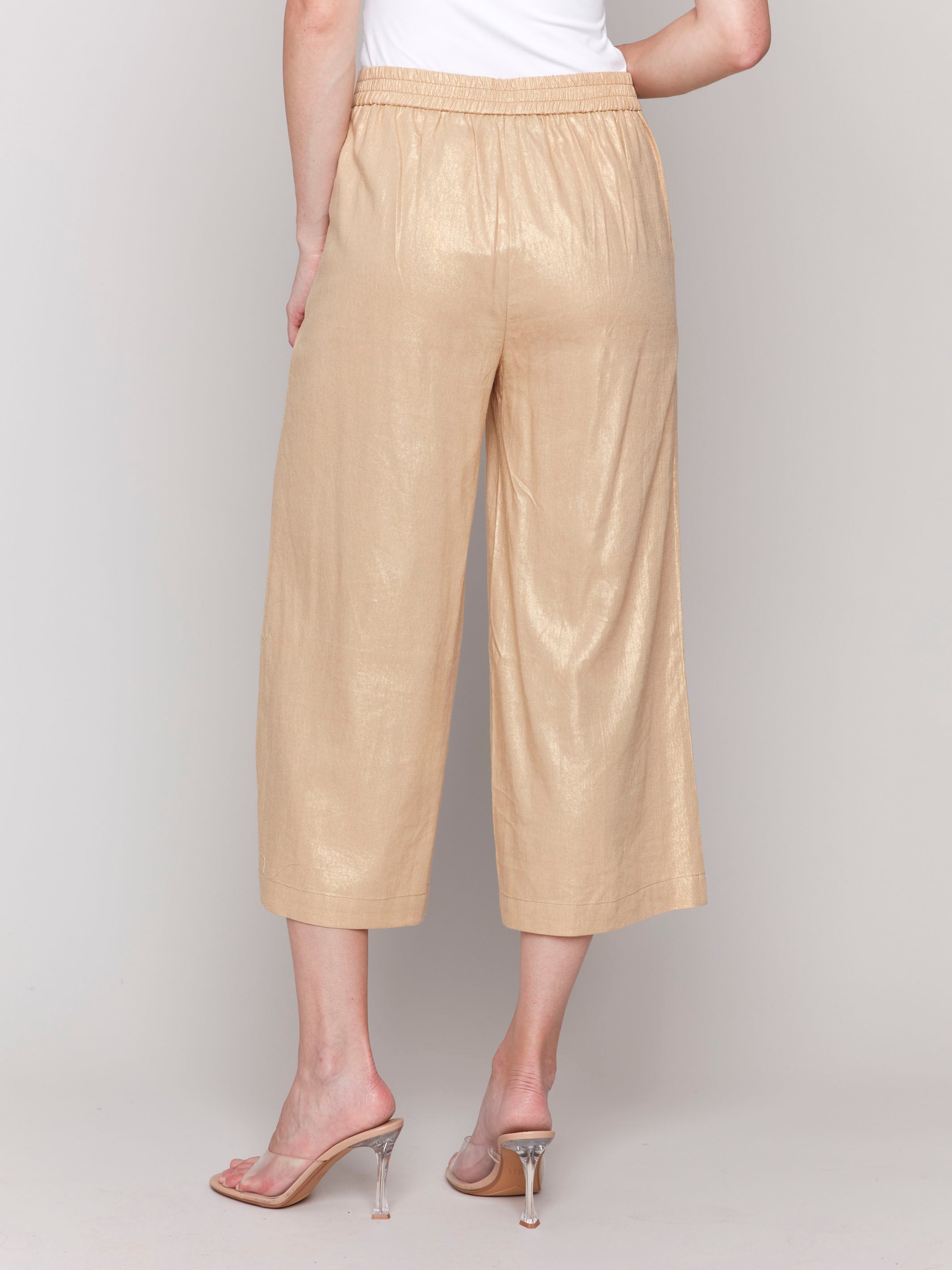 Gold Foil Linen Blend Cropped Pull-On Pants - Comfortable High Waisted Casual Trousers for Women | Perfect for Summer, Beach, and Lounge Wear