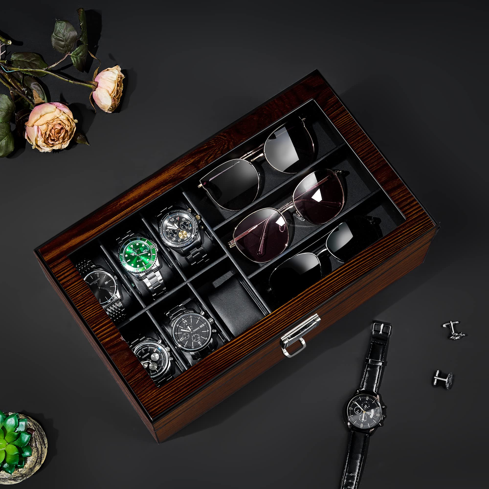 BEWISHOME Wooden Watch Box with Valet Drawer - Luxury Men's Jewelry Organizer & Sunglasses Storage Case - Large Glass Top Display, Smooth Faux Leather Interior, Brown SSH32Y - Perfect for Watch Collections, Gift Giving & Travel Accessories Organization