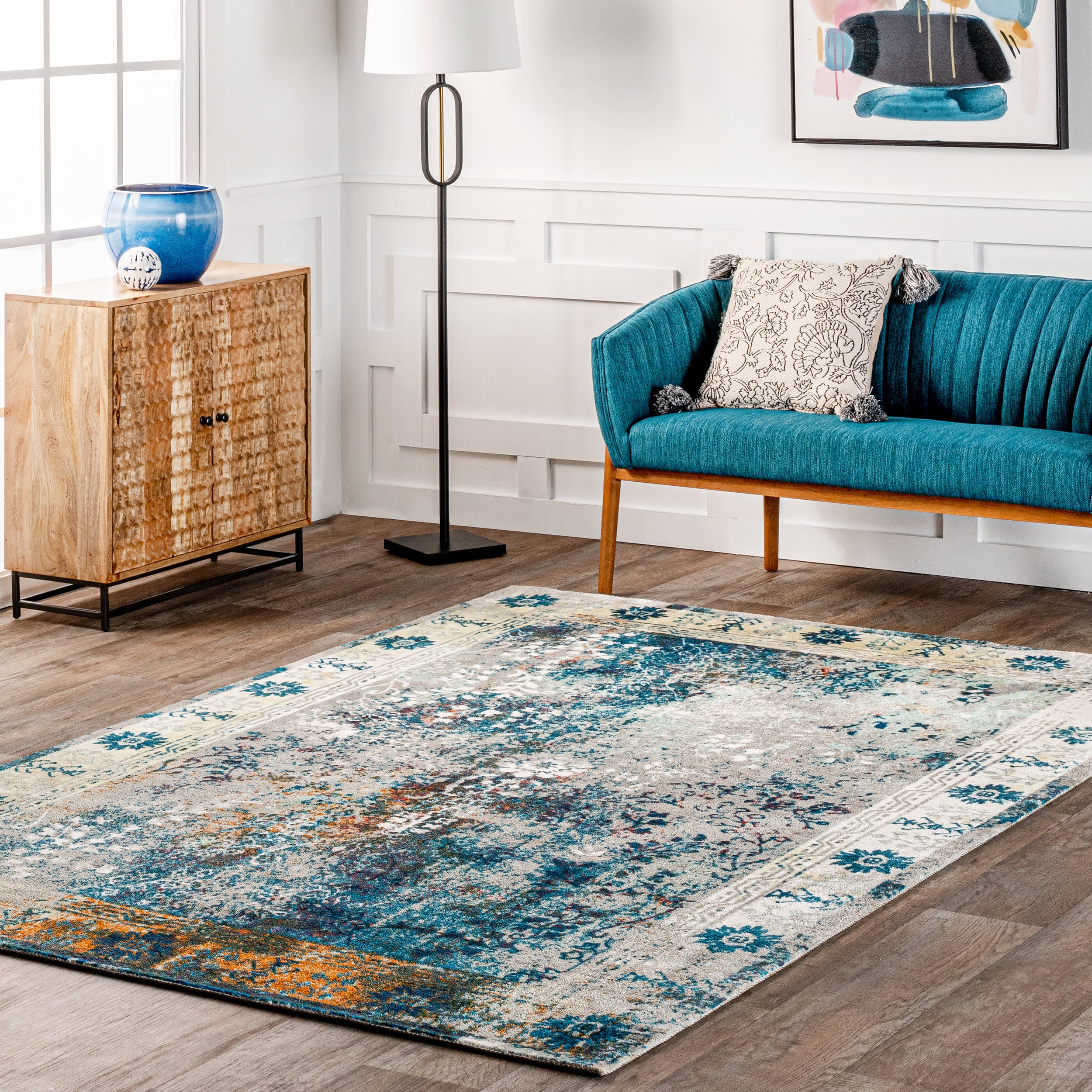 Bleached Frame Area Rug in Blue - Soft & Stylish for Living Room, Bedroom, or Office Decor