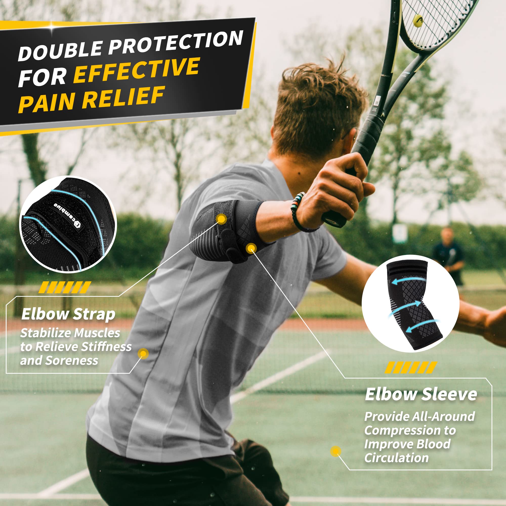 CAMBIVO Tennis Elbow Brace Set - 2Pcs Compression Elbow Sleeves & 1Pcs Adjustable Support Strap for Men & Women - Pain Relief for Tennis Elbow, Golfer's Elbow & Tendonitis - Perfect for Sports, Gym & Daily Activities (Black, Small)