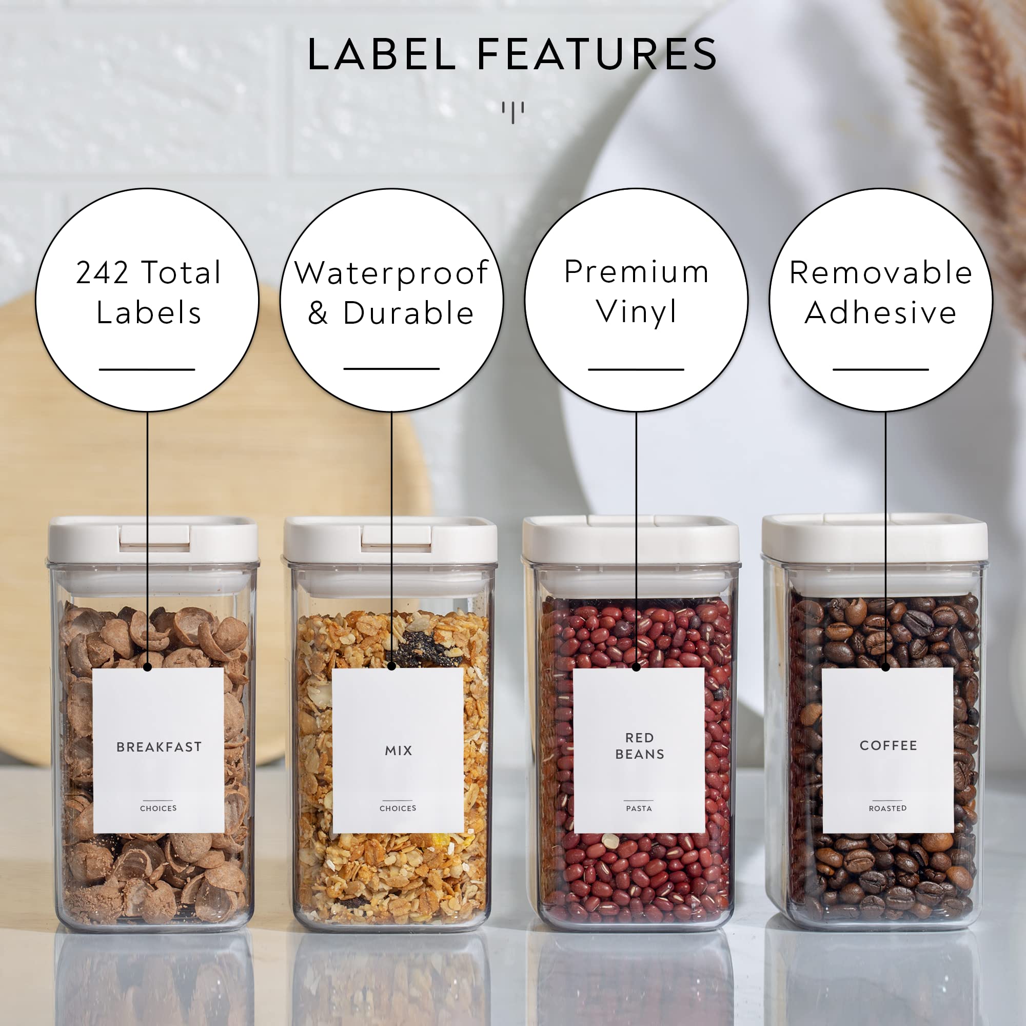242-Pack Minimalist Pantry Labels - Waterproof Vinyl Stickers with Removable Adhesive (Black Text on White) - Fits Round, Square & Rectangle Glass Jars - Perfect for Organizing Baking Ingredients, Grains, Beans & Snacks - Ideal for Kitchen, Pantry & Food Storage Organization
