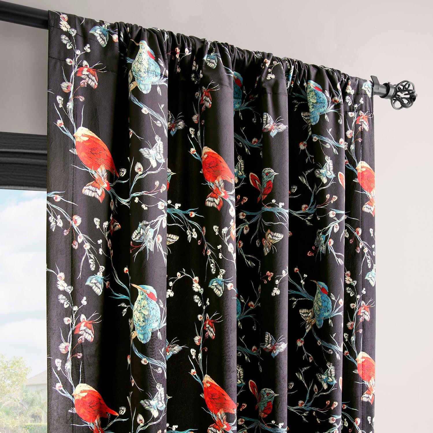 Botanic Garden Black Abstract Barcelona Velvet Blackout Curtains - Elegant Room Darkening Drapes for Living Room, Bedroom & Home Theater