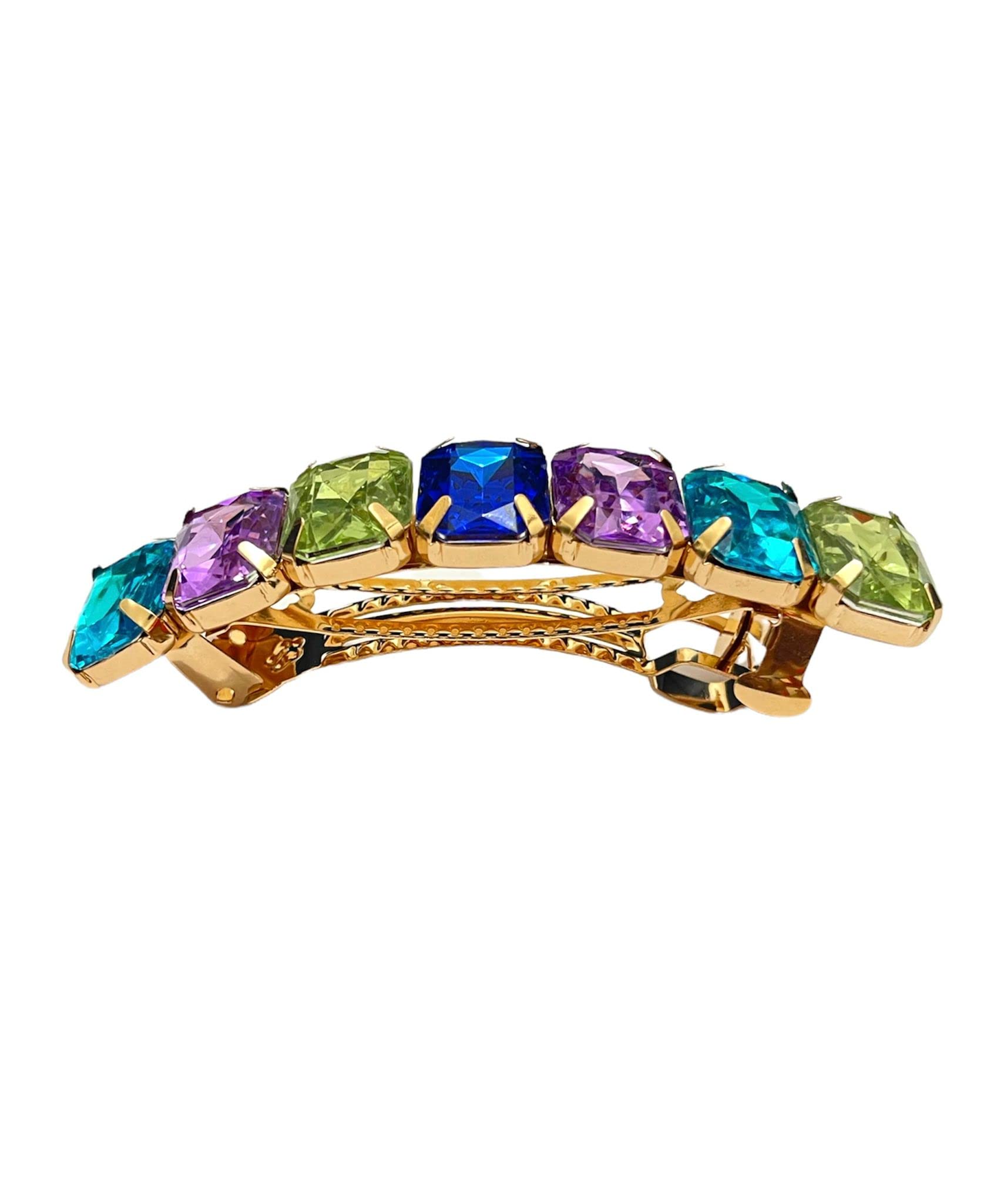Large Multicolor Stone Rectangular Barrette Hair Clips - Smooth Elegant Gold Hair Pins for Women & Girls - Hair Slides & Accessories (8.5 Inch) - Perfect for Weddings, Parties & Everyday Styling