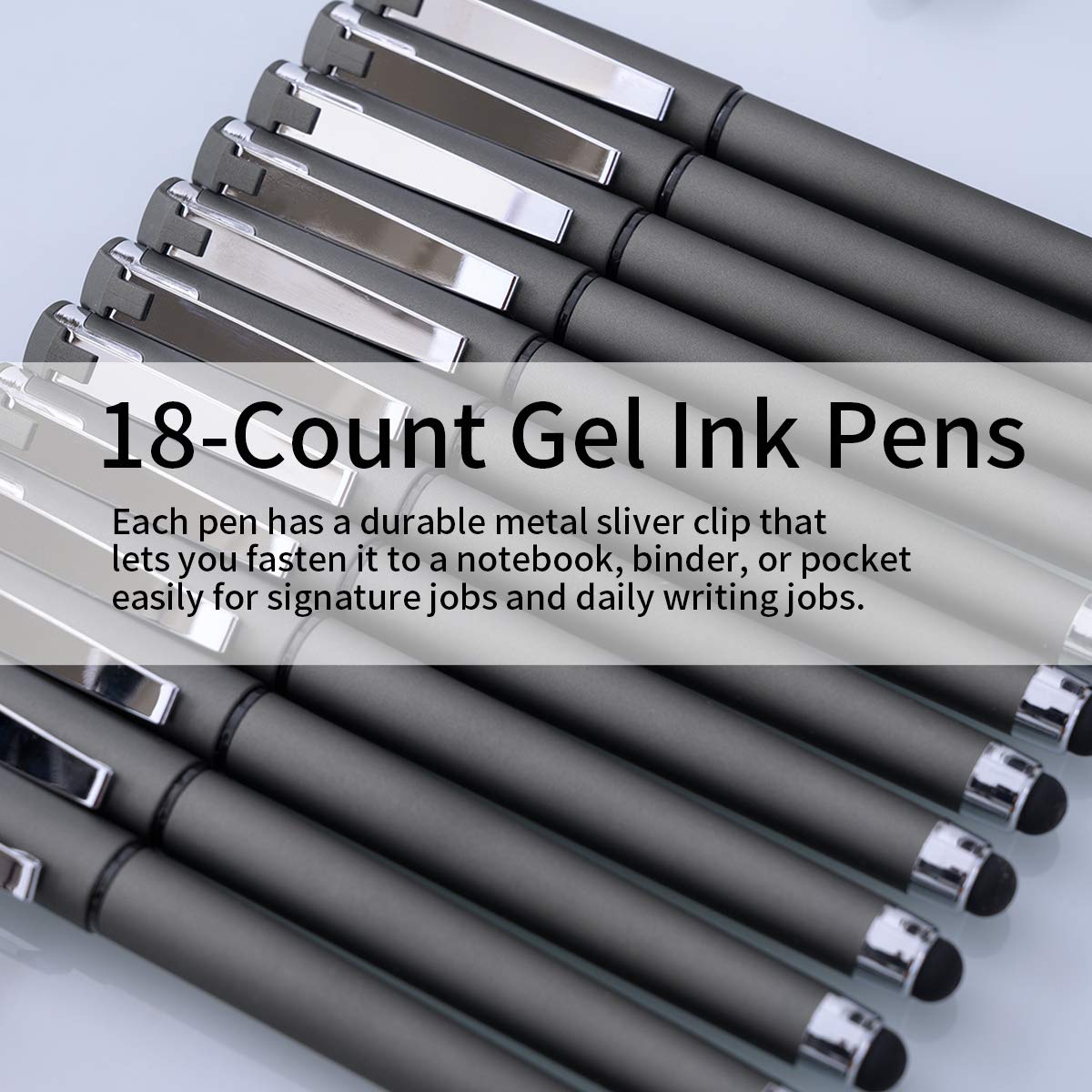 Premium 18-Pack Black Gel Ink Rollerball Pens with 1.0mm Medium Point & 2-in-1 Stylus - Smooth Writing for Office, School, Note-Taking & Digital Devices (Grey)