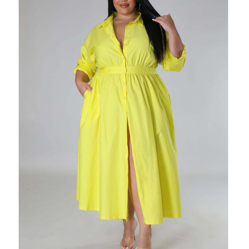 Plus Size Solid Color Long Sleeve Shirt Dress for Women - Casual Office Wear & Everyday Outfit