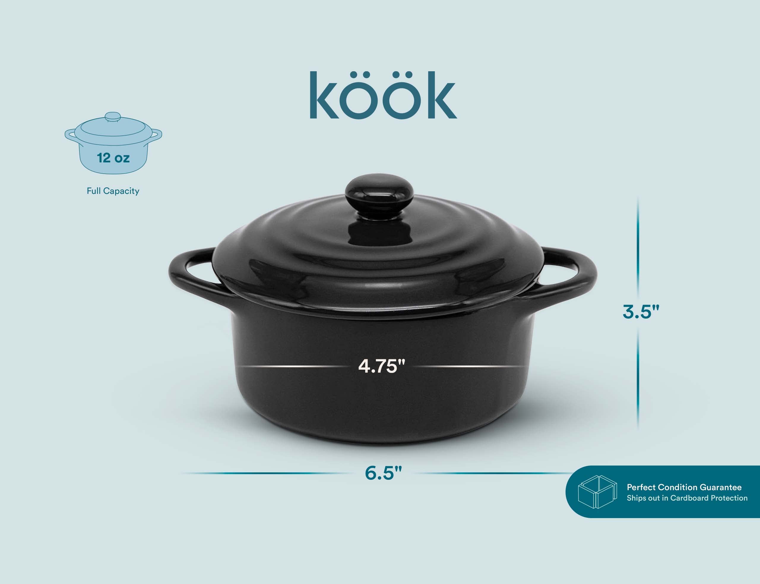 Kook Ceramic Mini Cocotte Set of 4 - 12oz Small Stoneware Casserole Dishes with Lids & Handles, Oven/Microwave/Dishwasher Safe Ramekins for Baking & Serving - Perfect for Individual Desserts, Soups & Side Dishes (Black)