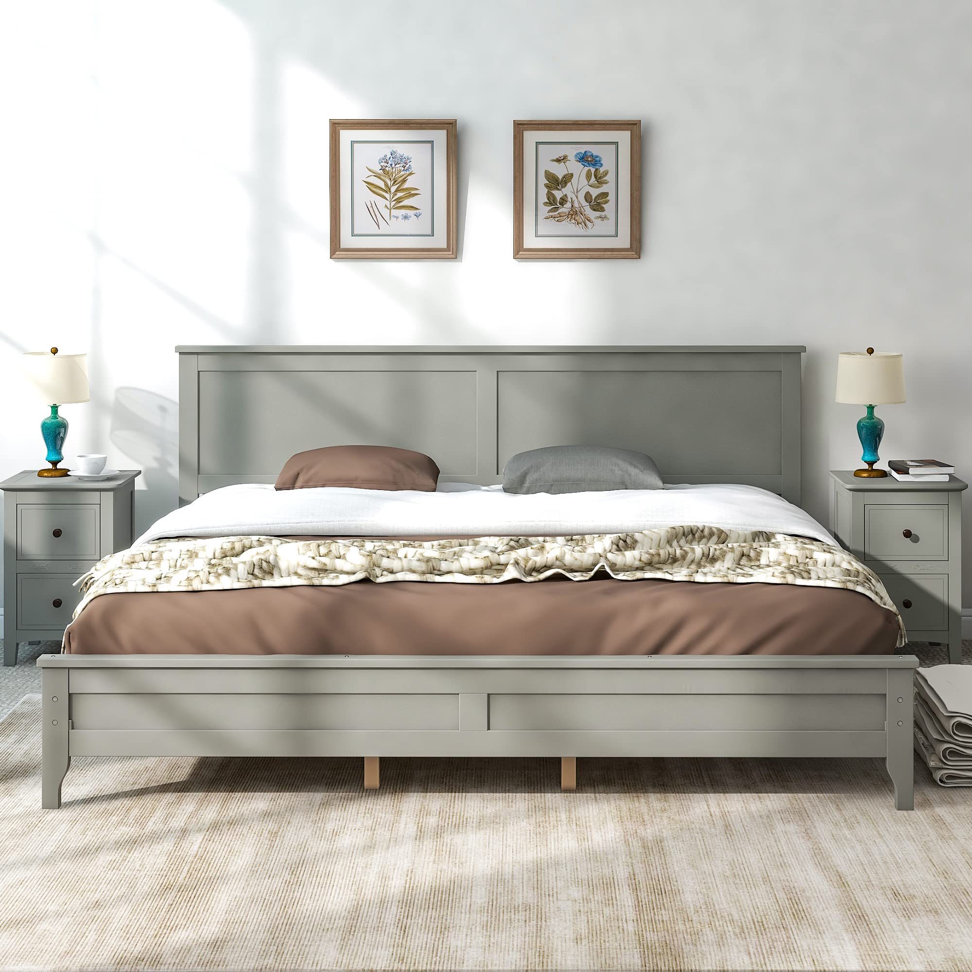 Solid Wood King Platform Bed Frame with Headboard - No Box Spring Needed, Sturdy Support for Adults, Modern Gray Bedroom Furniture - Perfect for Master Bedrooms, Guest Rooms & Small Spaces