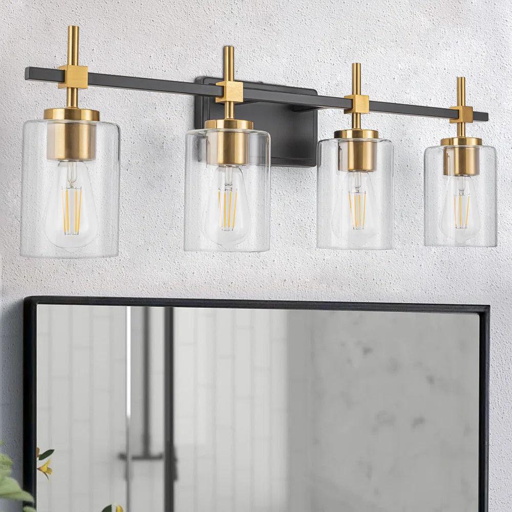Jasper Black & Gold Clear Glass 4-Light Bathroom Vanity Light Fixture - Modern Elegant Lighting for Bathroom, Powder Room & Dressing Area