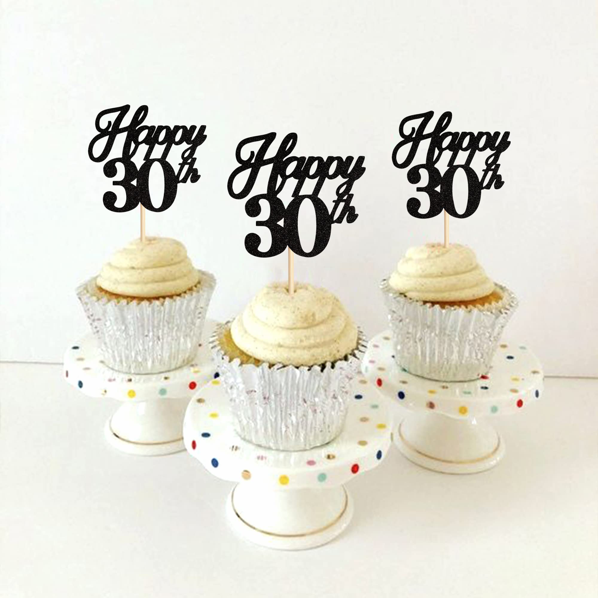 Ercadio 24 Pack Happy 30th Birthday Cupcake Toppers - Black Glitter 30th Cupcake Picks, Hello 30 Cupcake Decorations for Birthday, Wedding, Anniversary Party Cake Decor Supplies - Perfect for Milestone Celebrations & Dessert Table Displays