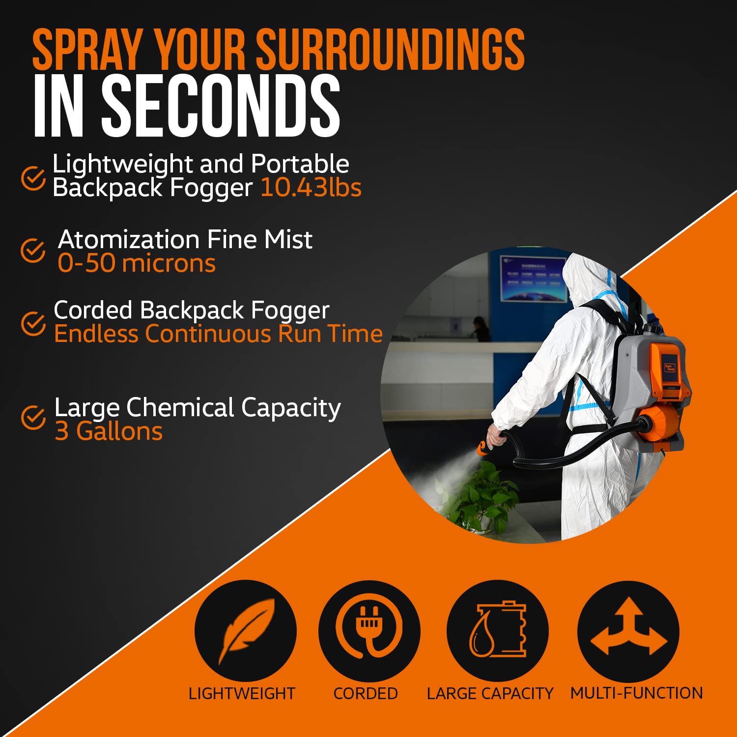SuperHandy PRO ULV Fogger Backpack Sprayer - 2.6 Gallon Corded Garden Mist Sprayer with Upgraded Hose & Turbo Jet Nozzle (1-15GPH) - Ideal for Lawn Care, Disinfecting, Hydroponics & Greenhouse Applications