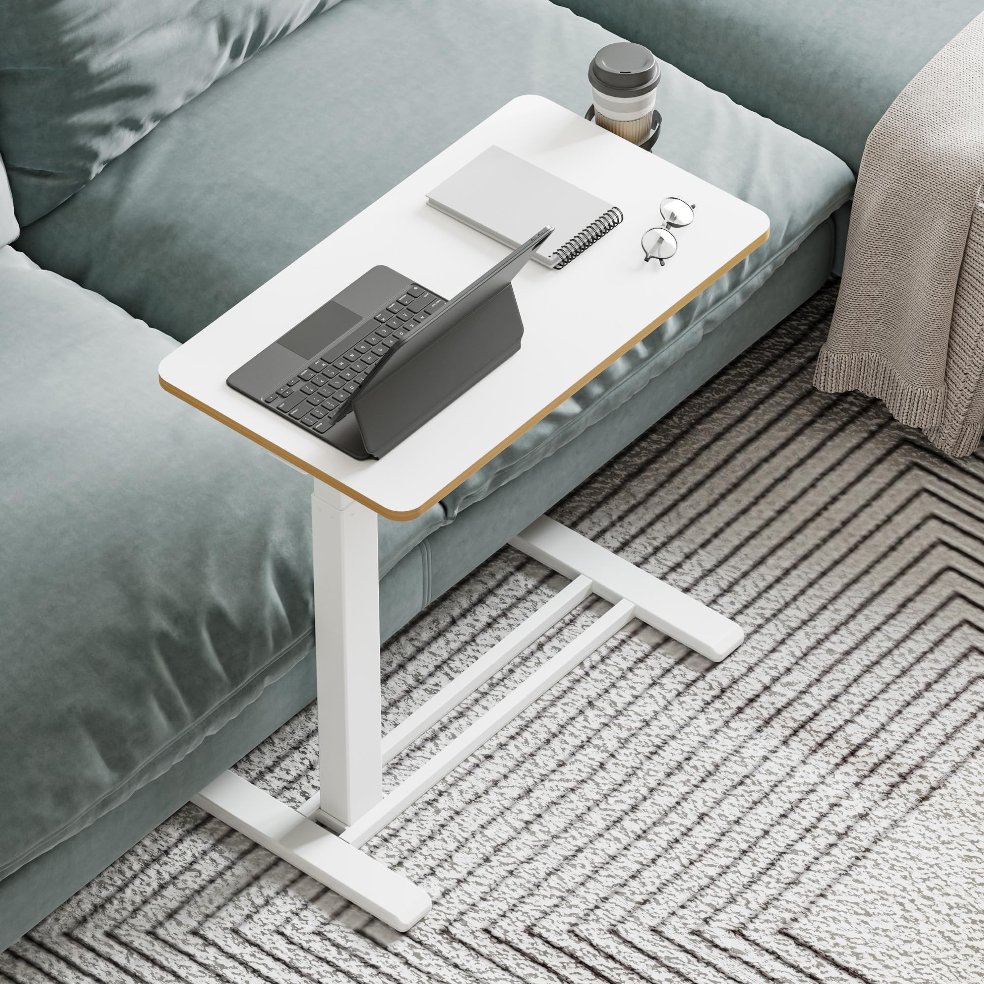 Adjustable Medical Overbed Table with Hidden Casters - Pneumatic Height Rolling Laptop Stand Desk with Tray for Home, Hospital & Nursing Care - Perfect for Patients, Students & Remote Workers (White)