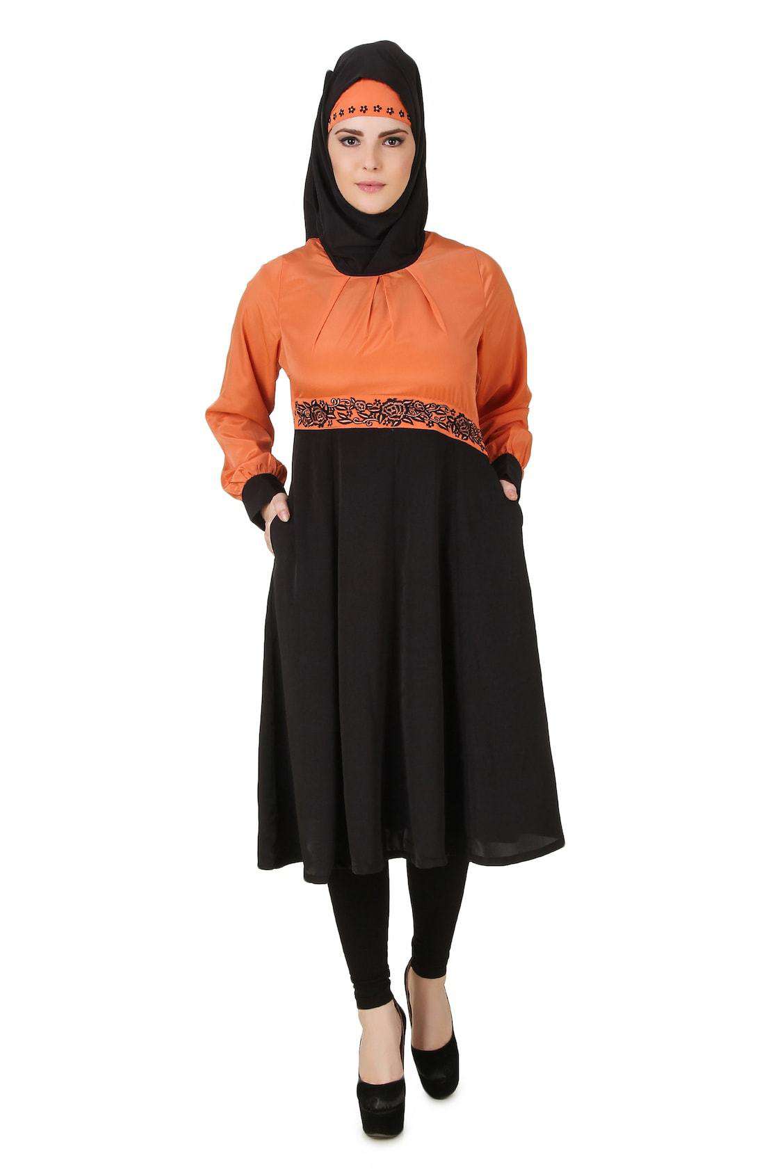 Barika Black & Orange Crepe Short Abaya - Modest Islamic Dress for Women | Perfect for Prayer, Eid, and Casual Wear