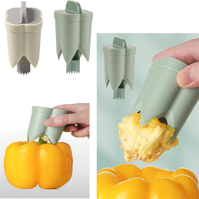 2 in 1 Bell Peppers Seed Core Remover & Jalapeno Corer - Stainless Steel Vegetable & Fruit Coring Tool for BBQ, Cooking, Meal Prep - Quick Core Remover for Green Peppers, Jalapenos, Tomatoes (1x Green)