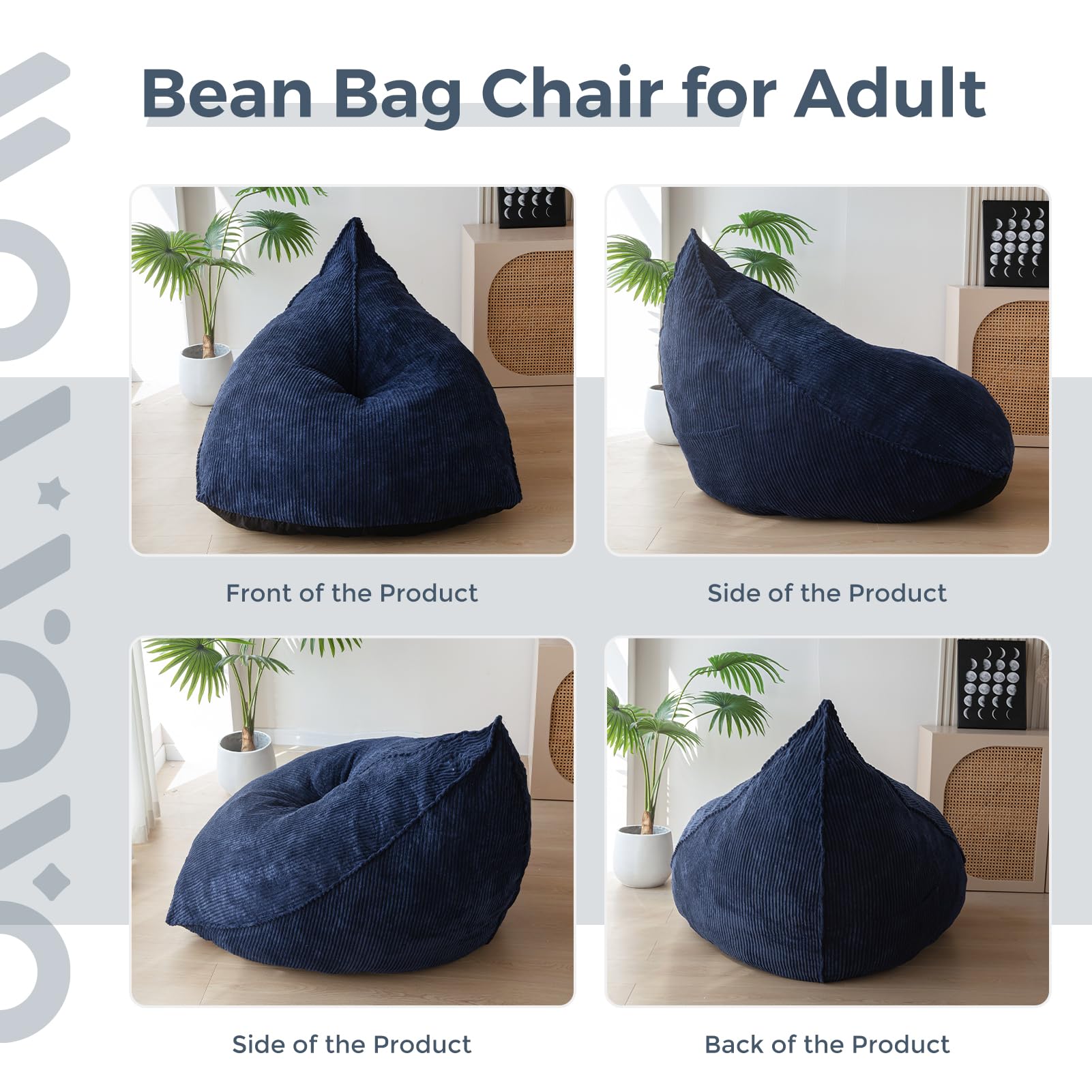 MAXYOYO Corduroy Bean Bag Chair for Adults - Soft & Comfortable Lazy Sofa 43x41x35 Inches with Removable Filler - Navy Blue - Perfect for Living Room, Bedroom, Game Room & Dorm Relaxation