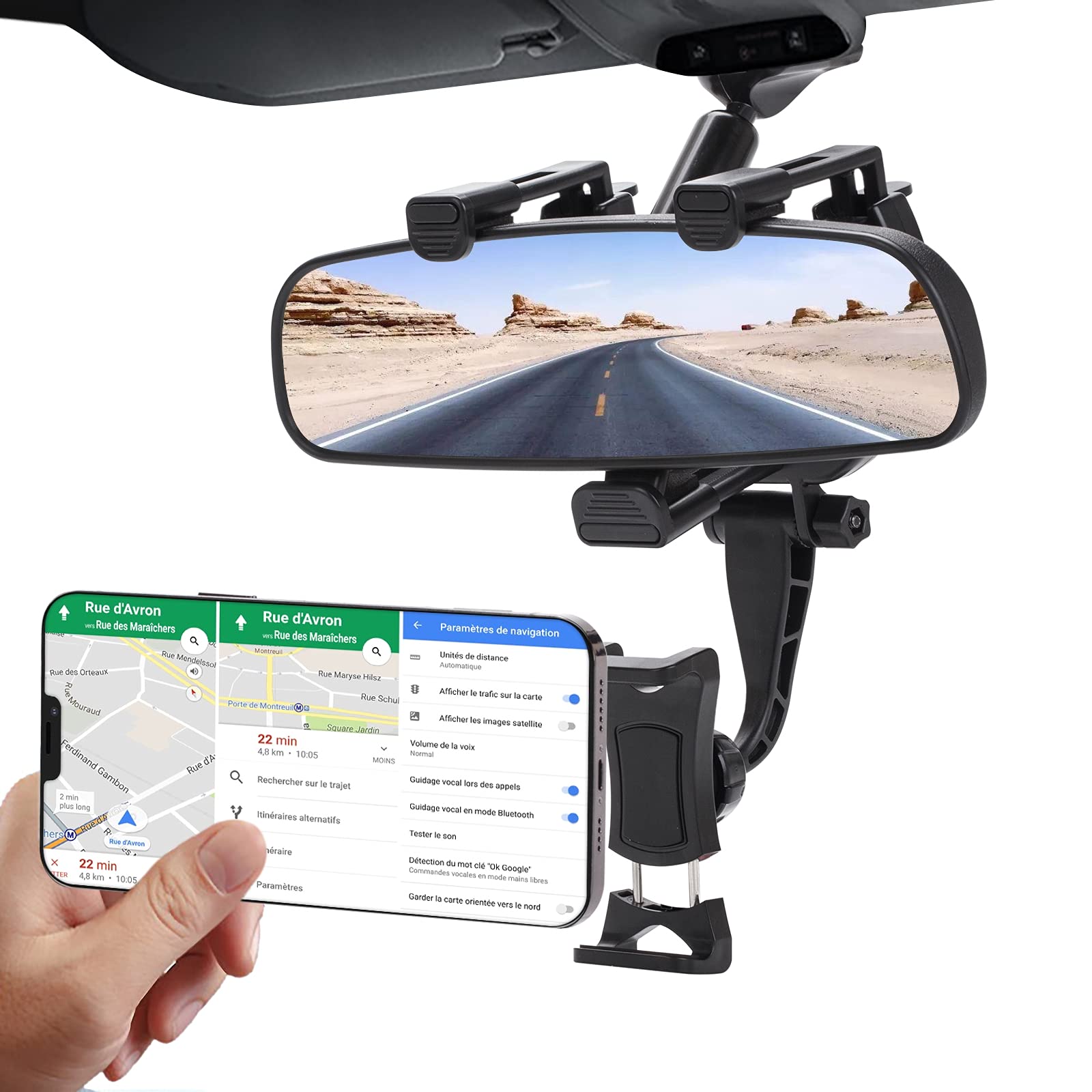 Universal Car Phone Holder Mount for Rear View Mirror - Compatible with iPhone 12 Pro, Galaxy S21 & All Smartphones | Hands-Free Driving Accessories for Safe Navigation & GPS Use