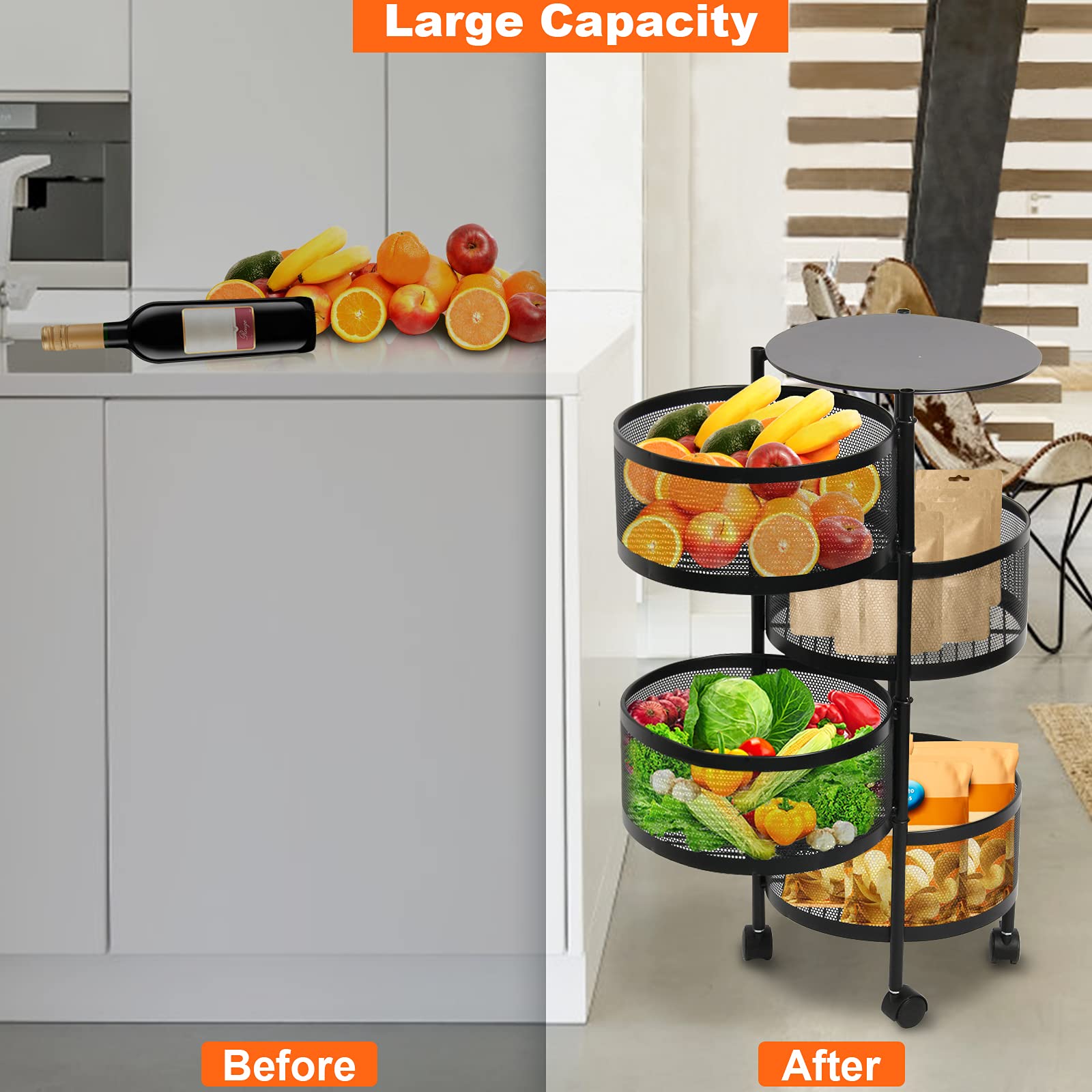 Todeco 360° Rotating Storage Rack - 5-Tier Multi-Purpose Organizer Shelf for Kitchen, Living Room | Space-Saving Floor Standing Fruit Vegetable Basket | Durable Black Home Storage Solution (Perfect for Small Spaces & Clutter-Free Organization)
