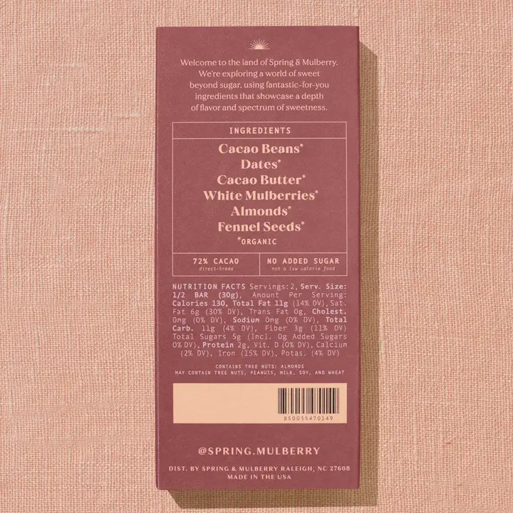 Organic Mulberry Fennel Dark Chocolate with Natural Date Sweetener - Healthy Vegan Snack for Dessert, Gifts & Relaxation Moments
