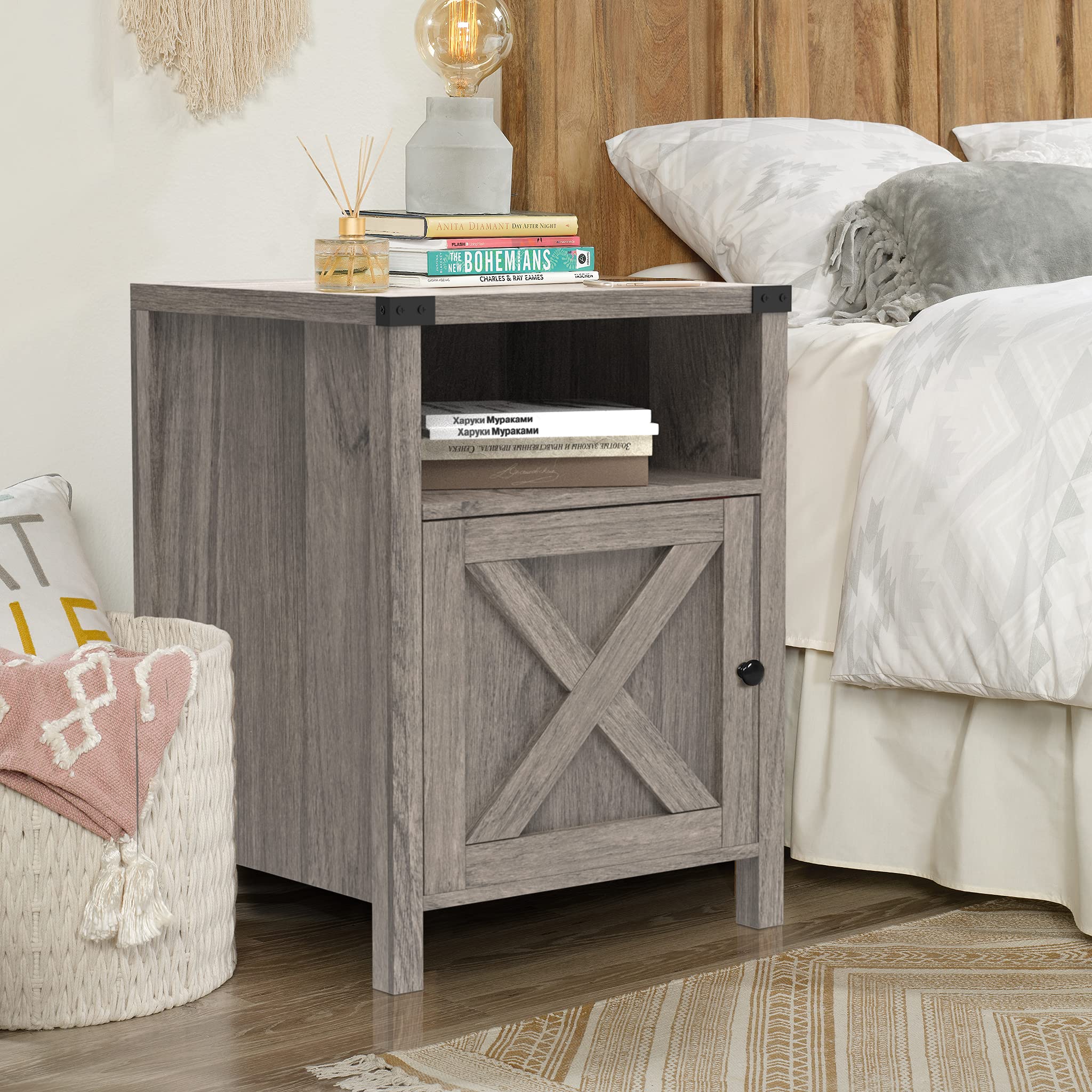 Rustic Modern Farmhouse Nightstand with Barn Door & Shelf - Grey Wash Bedside Table, End Table for Bedroom & Living Room | Perfect for Small Spaces, Guest Rooms & Cozy Home Decor
