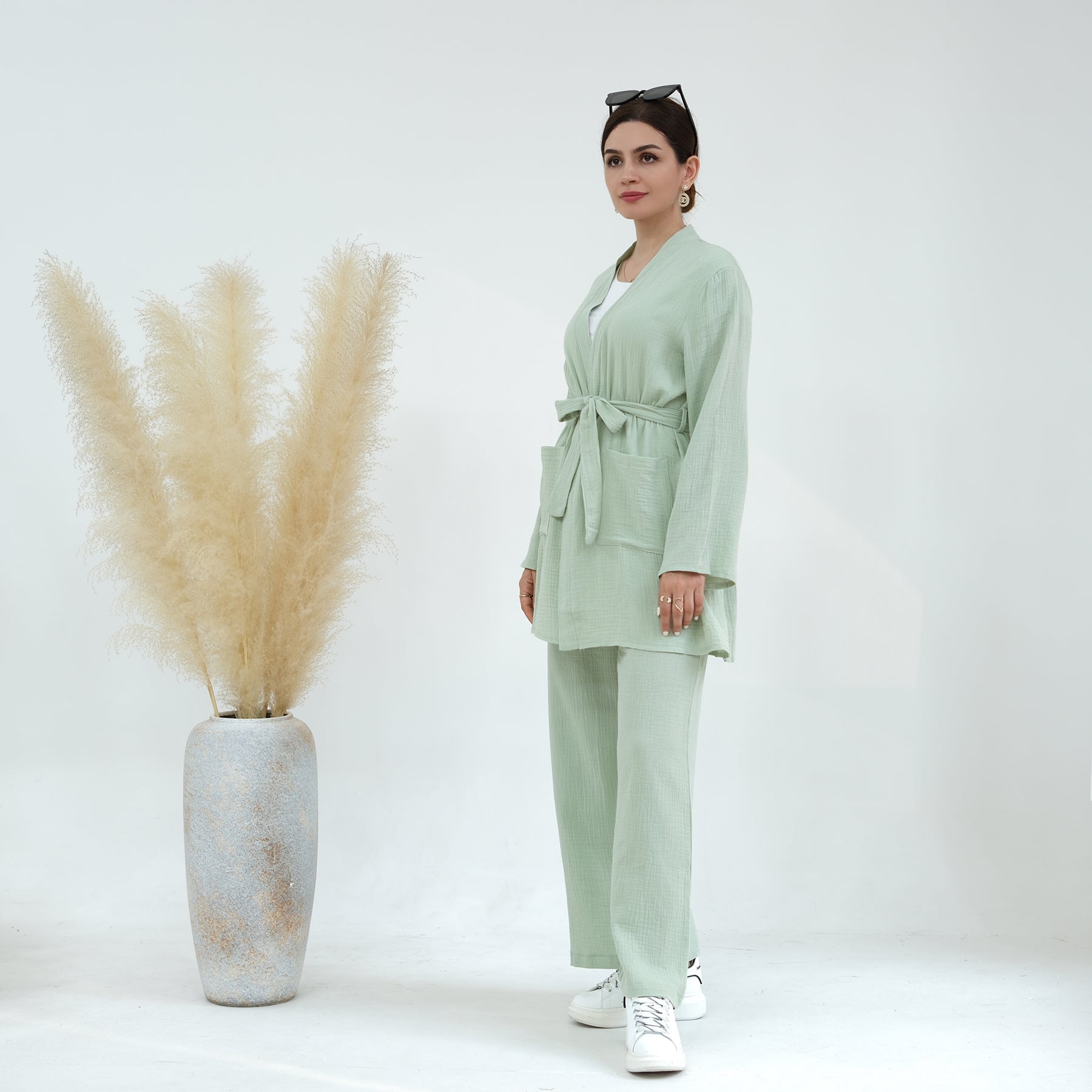 Soft Cotton Waffle 4-Piece Lounge Set for Women - Mint Green Cozy Outfit | Perfect for Home Relaxation, Yoga & Casual Wear