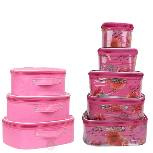 Rasafa 8-Piece Alluring Makeup Kit Set with Jewelry Box & Cosmetic Storage Case - Pink Floral Vanity Organizer for Beauty Essentials | Perfect for Travel, Home Decor & Gift Giving