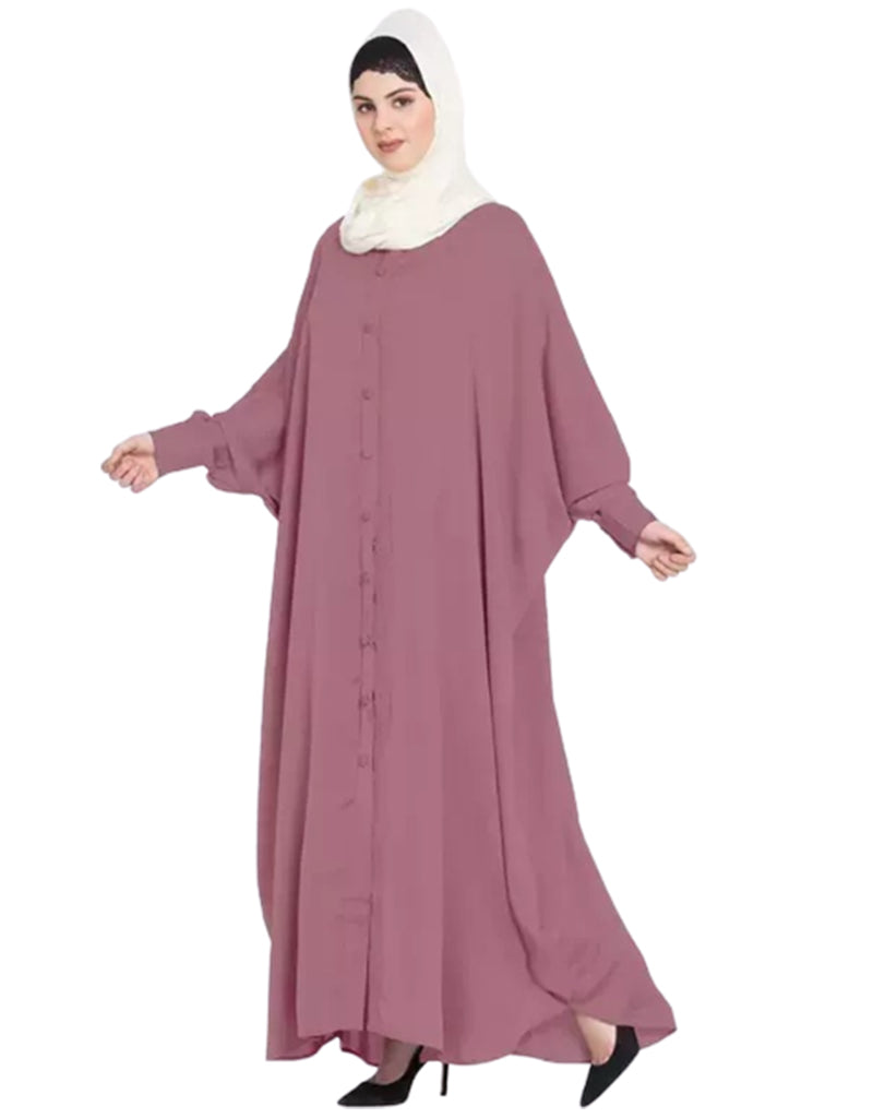 Elegant Arabic Front Open Kaftan with Self-Button Cuffs in Mauve Pink - Perfect for Boho Chic Outfits, Beach Cover-Ups & Special Occasions