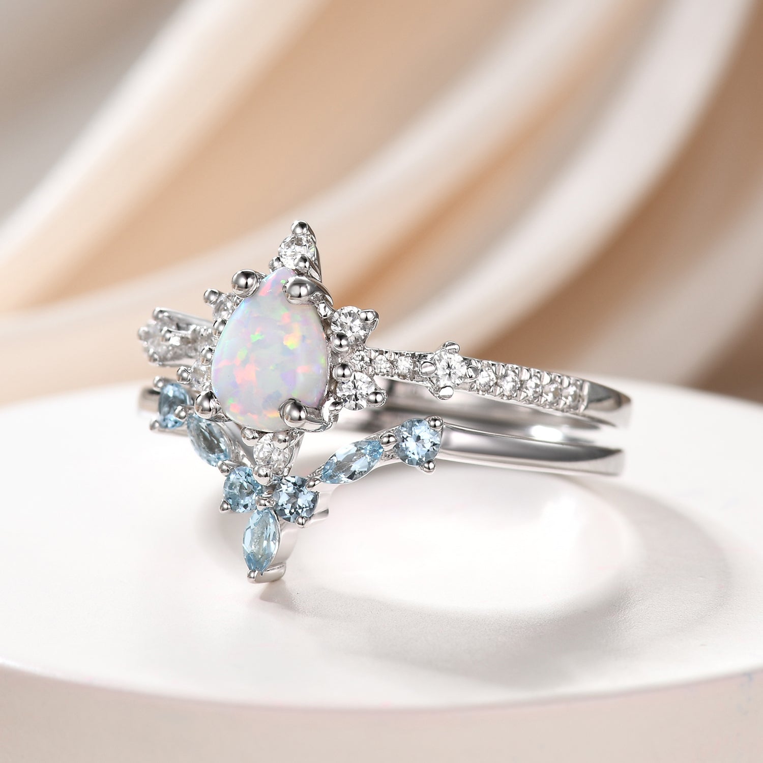 Vintage Opal Wedding Ring Set - 14k White Gold with Blue Topaz Curved Band for Brides, Engagement, Anniversary & Special Occasions