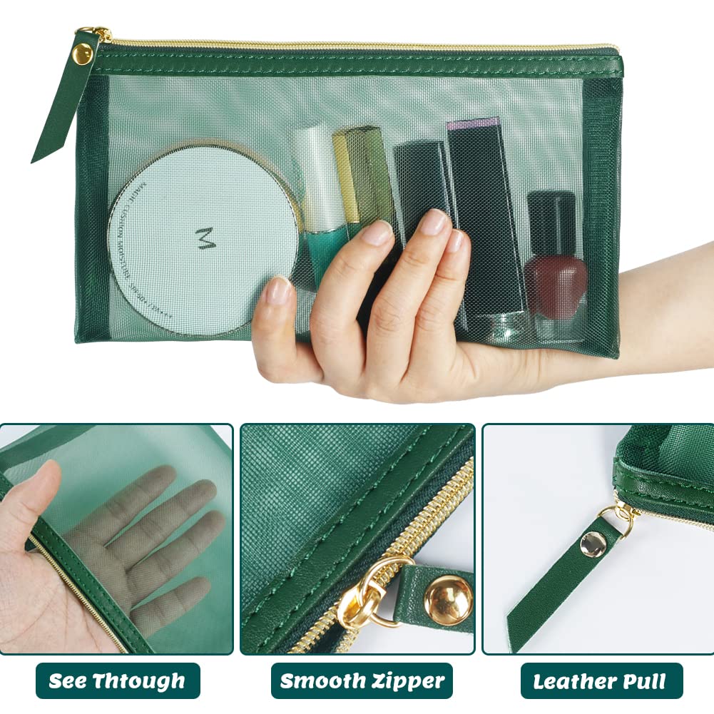 4-Piece Mesh Cosmetic Bag Set with Leather Pull & Gold Zipper - Waterproof Nylon Makeup Organizer for Travel, Purse, Diaper Bag (Emerald Green) - Perfect for Gym, Vacation & Daily Essentials Storage