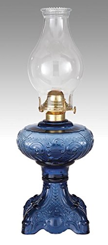 B&P Lamp® Princess Feather Pattern Kerosene Lamp with Medium Blue Glass Font - Vintage Home Decor, Farmhouse Lighting, Camping & Outdoor Use