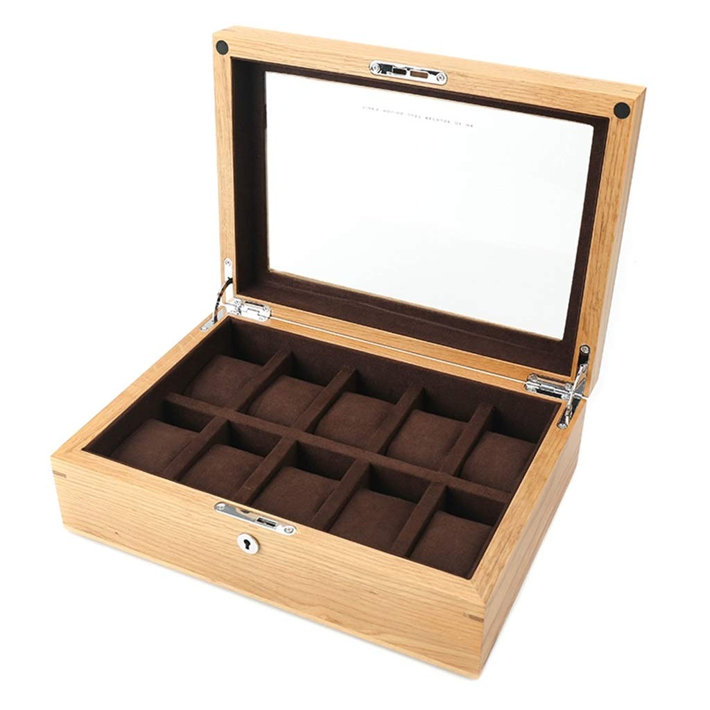 Premium Wooden Watch Box with Lock - 10 Grid Jewelry Organizer Display Case for Watches, Bracelets & Rings - Wood Color/Brown Lining (30×21.5×10cm) - Perfect for Home, Office & Travel Storage