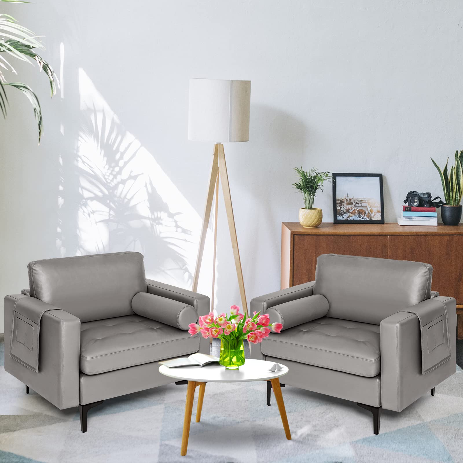 Giantex Set of 2 Single Sofa Chairs with Cushion & Bolster, Upholstered Armchairs with Magazine Pockets - Dark Grey Living Room Furniture for Bedroom, Reception & Leisure Spaces