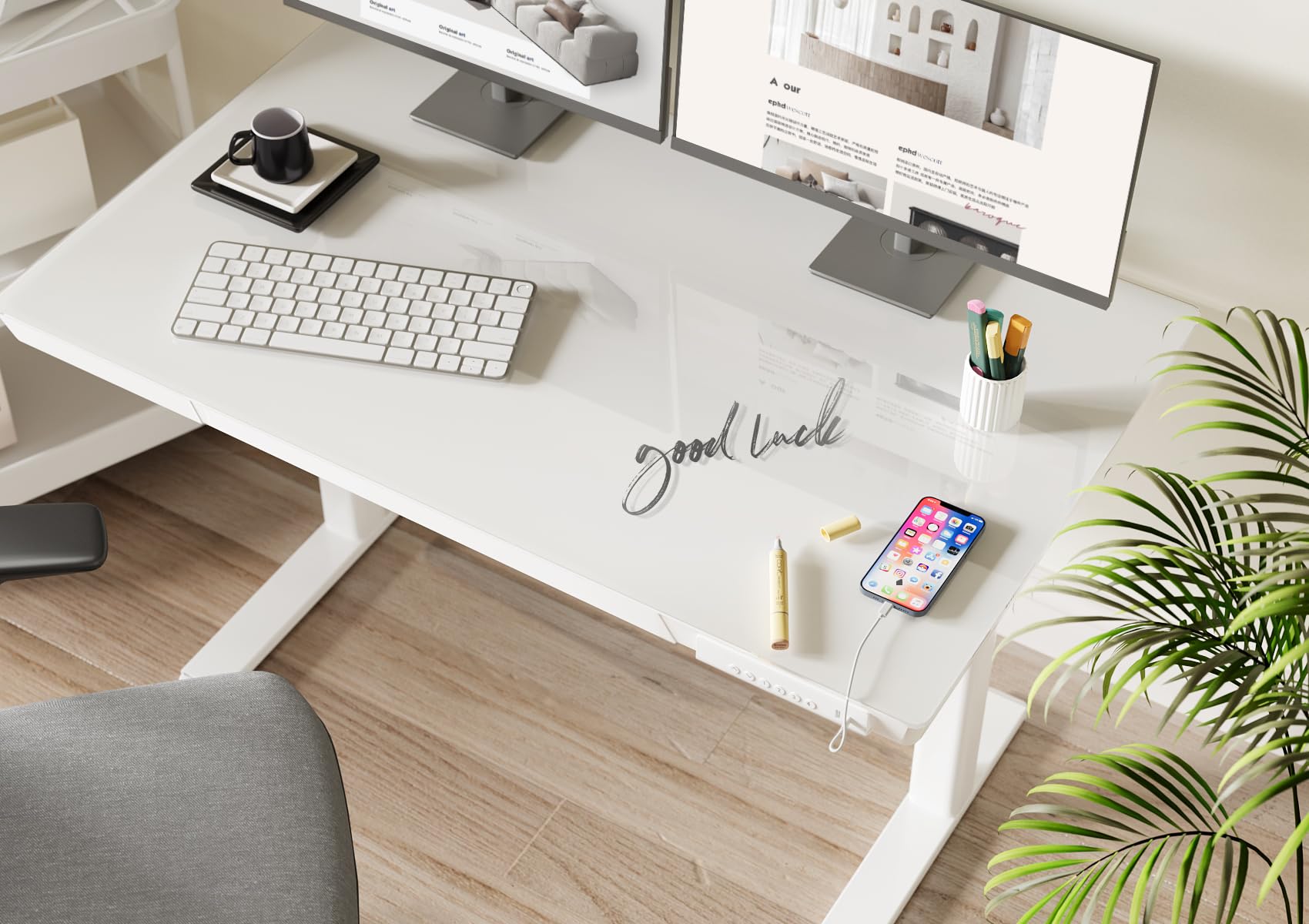 Claiks 48×24 Inch Adjustable Height Glass Standing Desk with Drawers - Quick Assembly Home Office Computer Desk with USB Ports - White - Perfect for Remote Work & Small Spaces