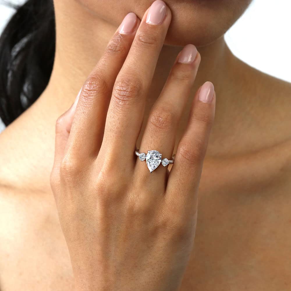 BERRICLE Sterling Silver 3-Stone Pear Cut Cubic Zirconia Engagement Ring for Women, 1.8 Carat CZ Wedding Band, Rhodium Plated, Size 4-10 - Perfect for Proposals, Anniversaries & Bridal Jewelry