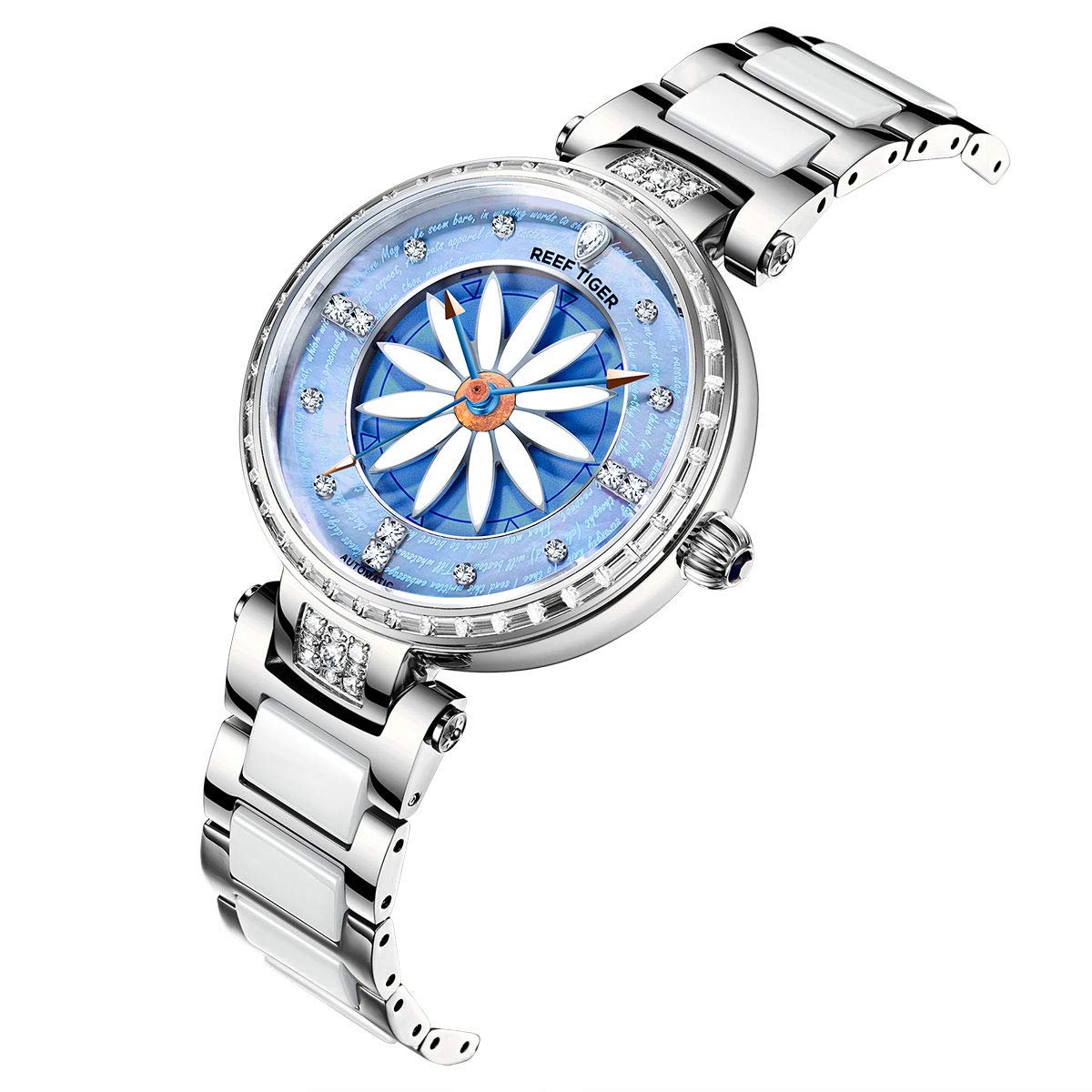REEF TIGER RGA1599 Women's Luxury Automatic Watch with Diamond Bezel - Elegant Lily Design for Business, Party & Everyday Wear