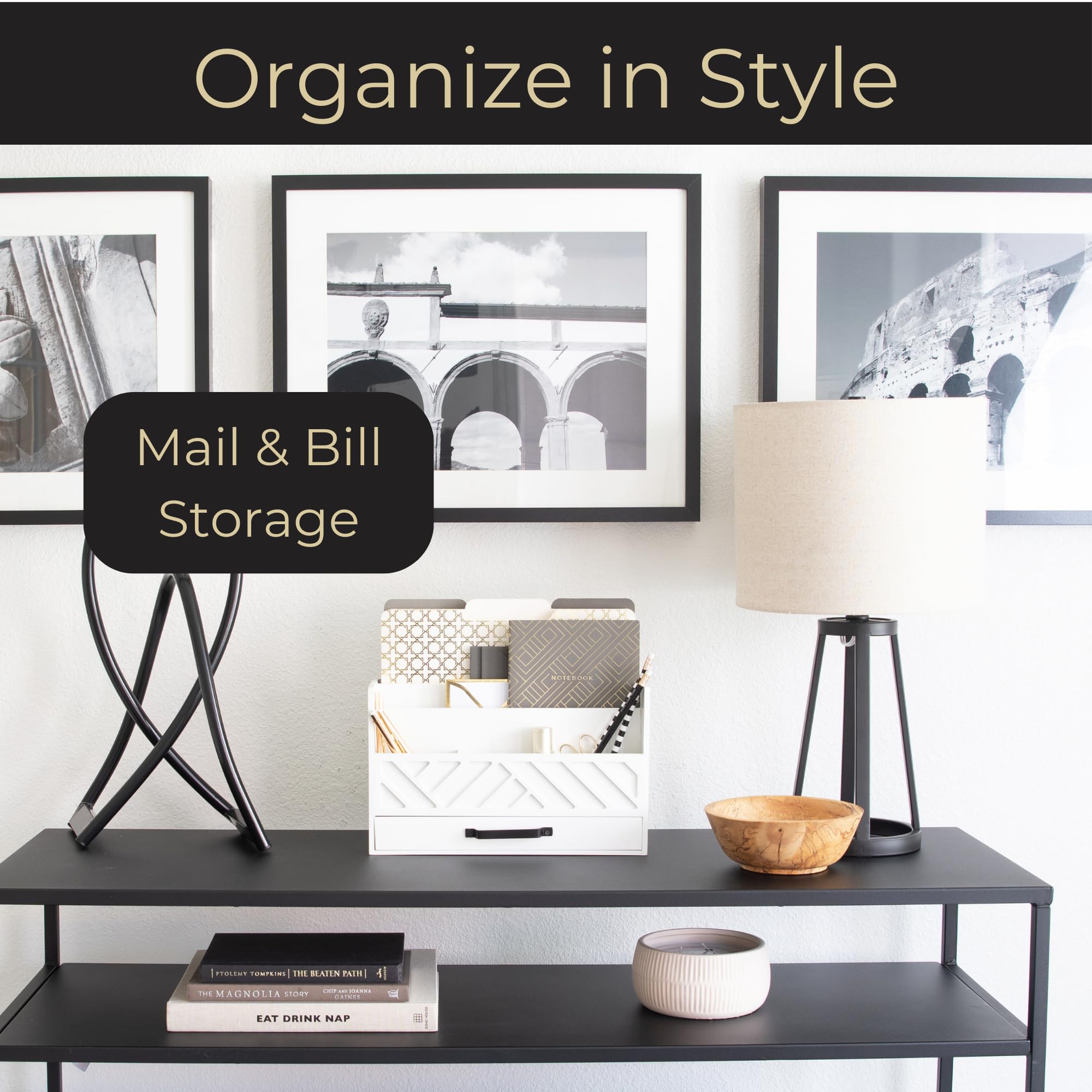 BLU MONACO White Wood Mail Organizer - Countertop Desk Storage with Drawer - Farmhouse Style Mail Sorter & Bill Holder - Perfect for Home Office, Kitchen Counter or Entryway Organization