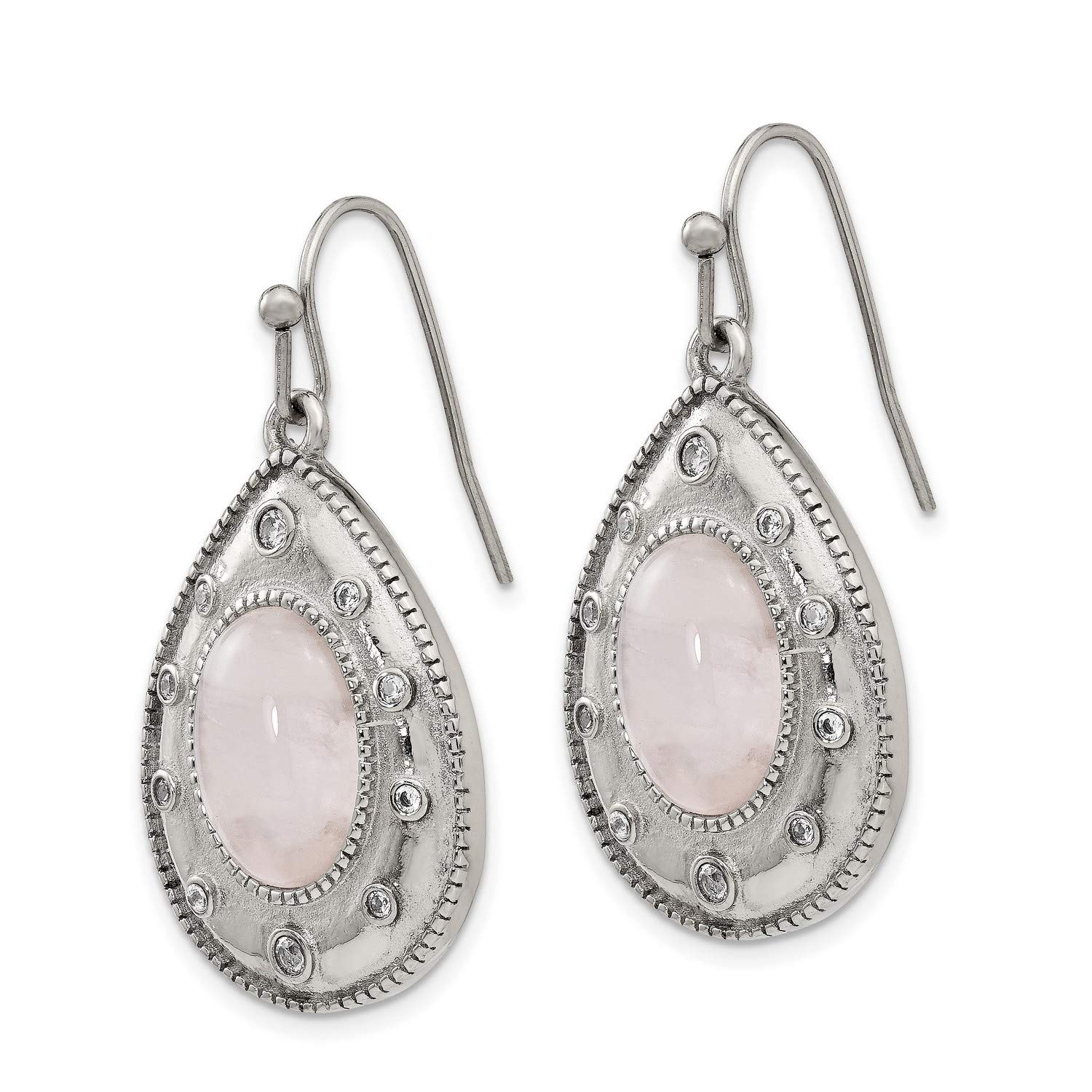 Stainless Steel Polished Rose Quartz & CZ Shepherd Hook Earrings for Women - Elegant Dangle Earrings for Date Night, Wedding & Party Jewelry