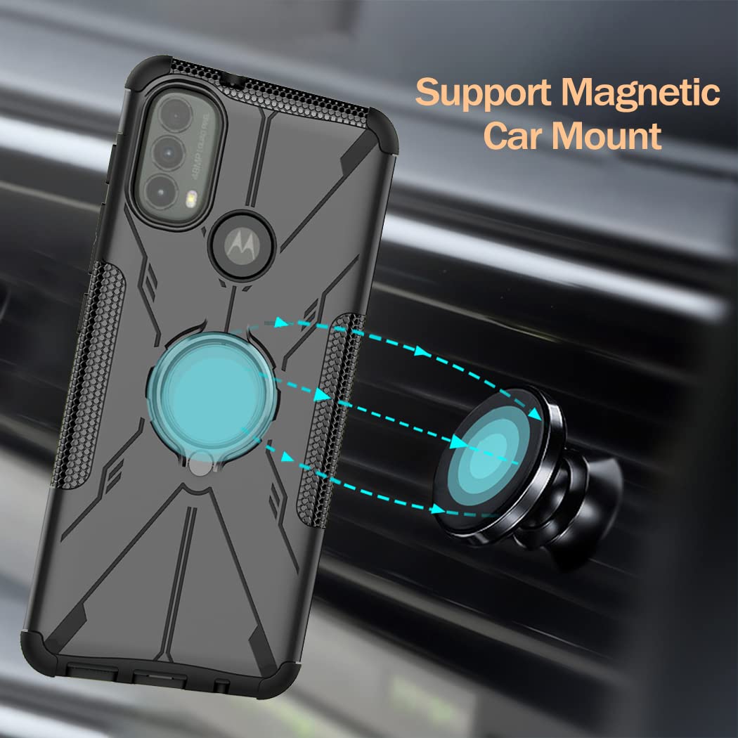 Magnetic Kickstand Case for Motorola Moto E20/E30/E40 (XT2155/XT2158) with Tempered Glass Screen Protector - 360° Rotating Ring Holder, Protective Cover (Black) - Perfect for Work, Travel, and Everyday Use