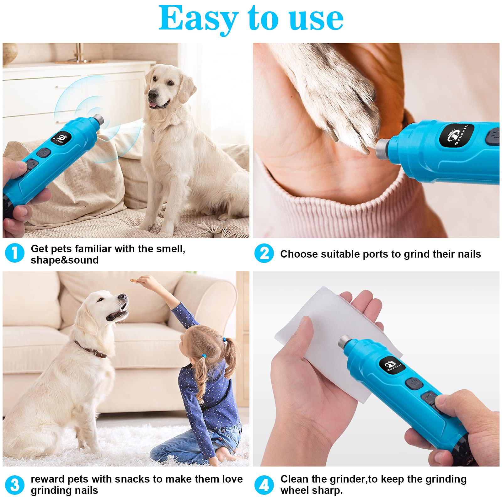 BOUSNIC Dog Nail Grinder with 2 LED Lights - Ultra Quiet Electric Pet Nail Trimmer, 2-Speed Adjustable for Small Medium Large Dogs & Cats | Safe & Painless Nail Filing for Puppies to Adult Pets | Perfect for Home Grooming & Professional Use (Blue)