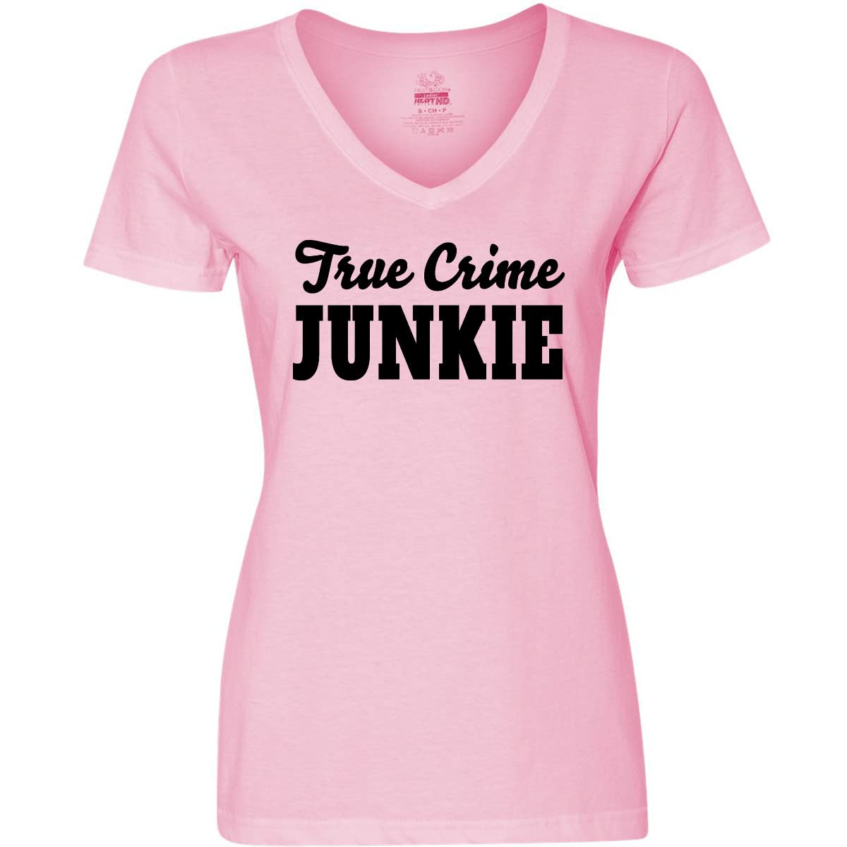 Inktastic True Crime Junkie Black Text Women's V-Neck T-Shirt | Funny Graphic Tee for True Crime Fans | Perfect for Podcast Listening, Book Clubs & Mystery Lovers