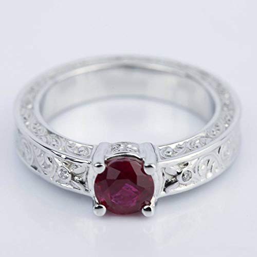 0.90 Carat Ruby Color Stone Solitaire Ring - Engraved Design in 950 Platinum Plated Silver | Valentine's Gift, Anniversary Present, Engagement Jewelry for Women