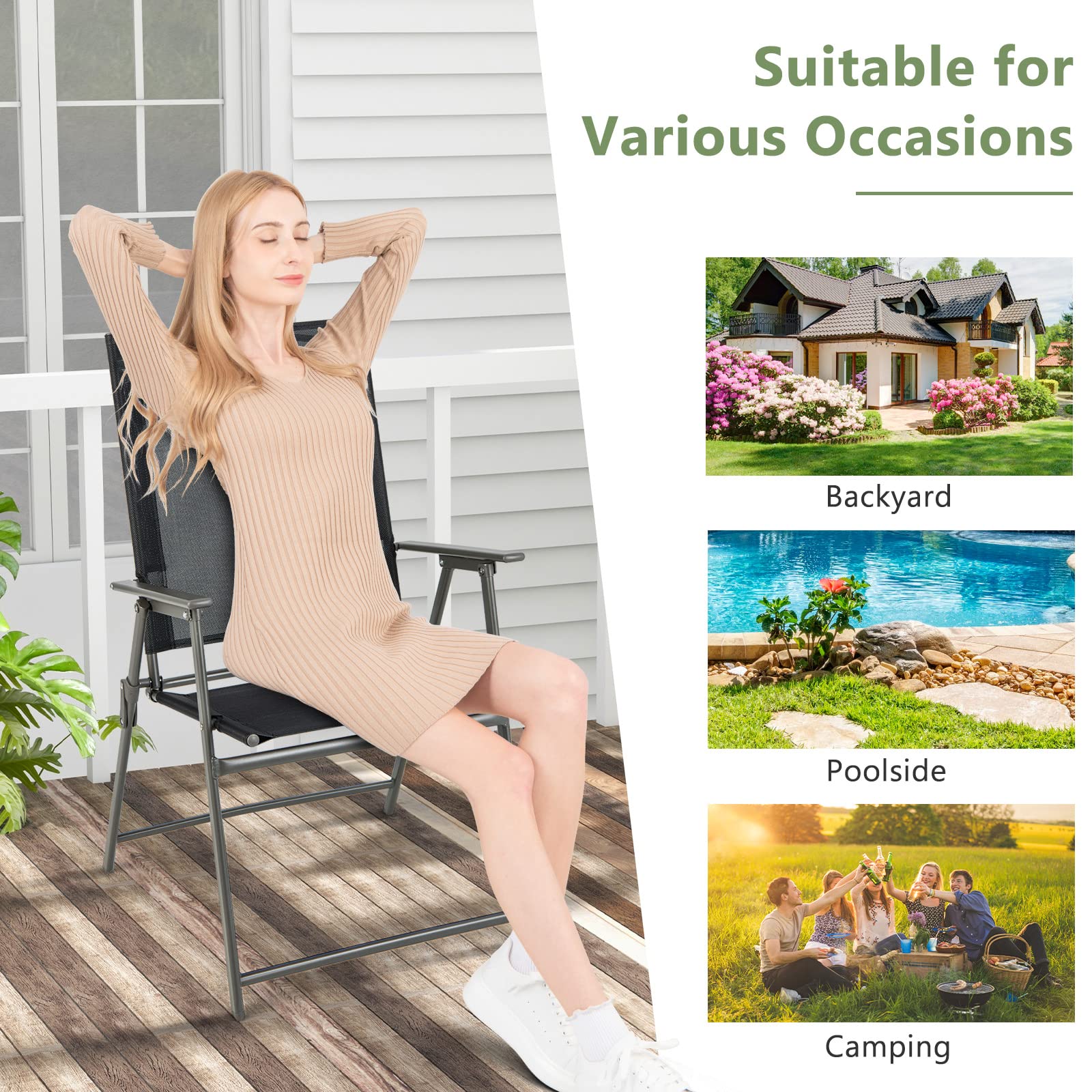 Giantex 4-Piece Patio Folding Chairs Set - Rustproof Metal Frame Outdoor Lawn Chairs for Porch, Deck, Garden, Backyard & Camping - Perfect for Picnics, BBQs, and Outdoor Relaxation