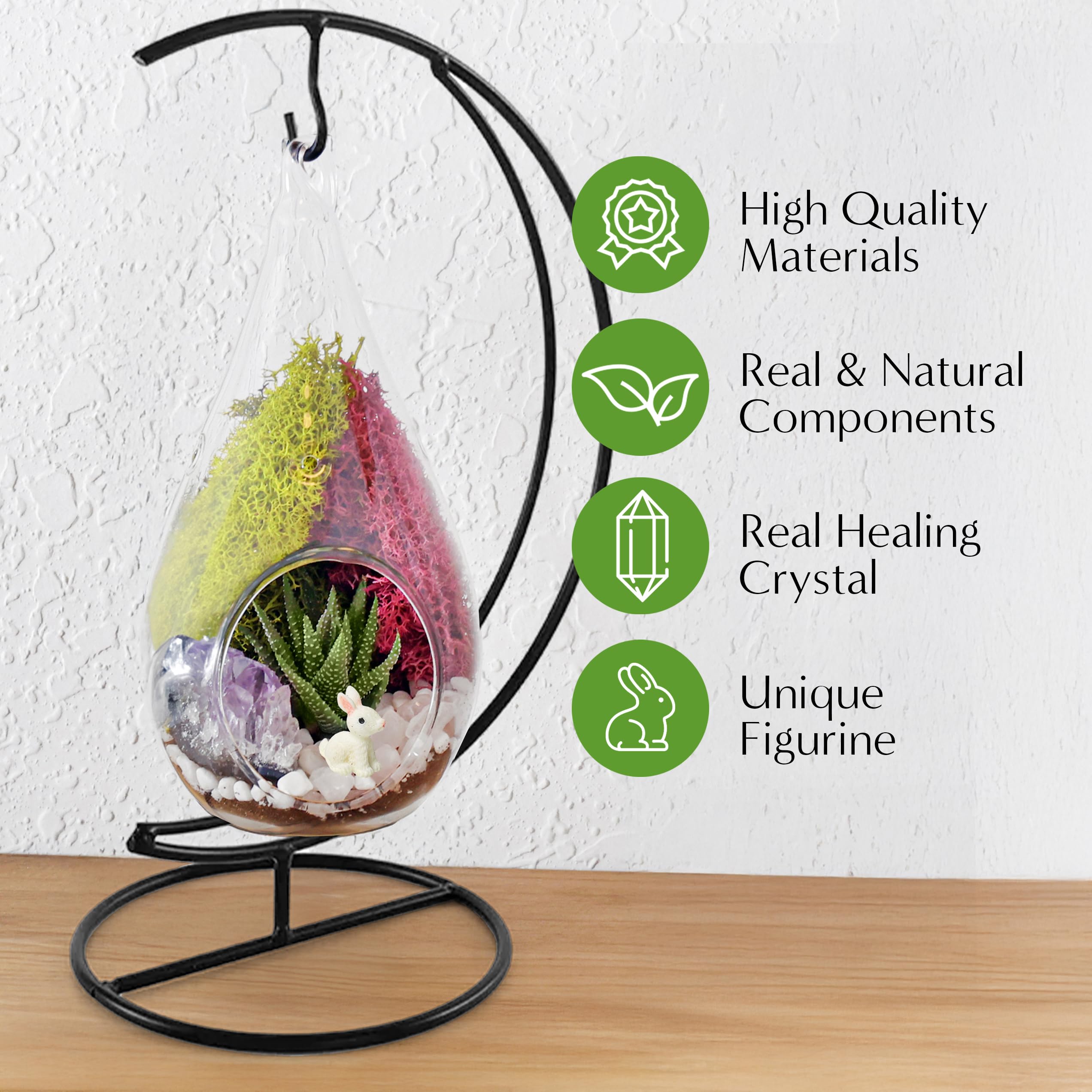 DIY Glass Terrarium Kit with Metal Stand - Complete Starter Set for Adults Includes Reindeer Moss, Crystals, Rocks, Tools & Mini Figurines | Perfect for Home Decor, Office Desk, Gift Ideas & Plant Lovers