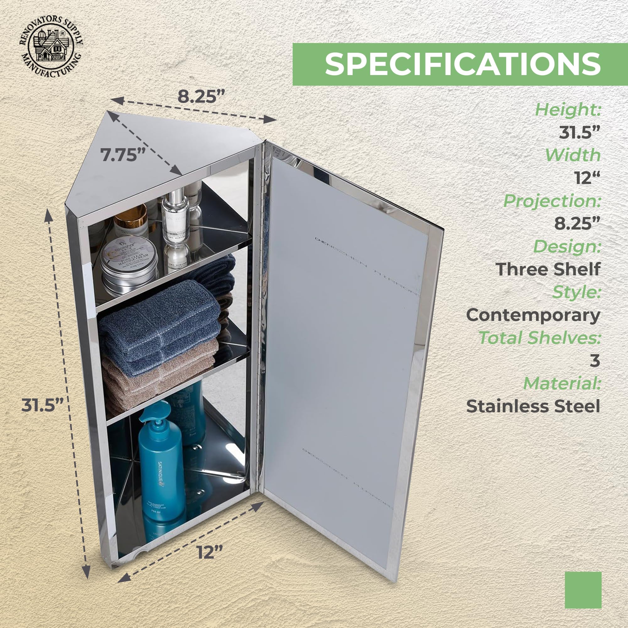 Renovators Supply Infinity Corner Medicine Cabinet with Mirror - Triple Shelf Storage, Modern Wall Mount Bathroom Cabinet - 31.5 Inch Left Open, Brushed Stainless Steel (Pack of 1) - Perfect for Small Bathrooms, Vanity Storage & Space-Saving Organization