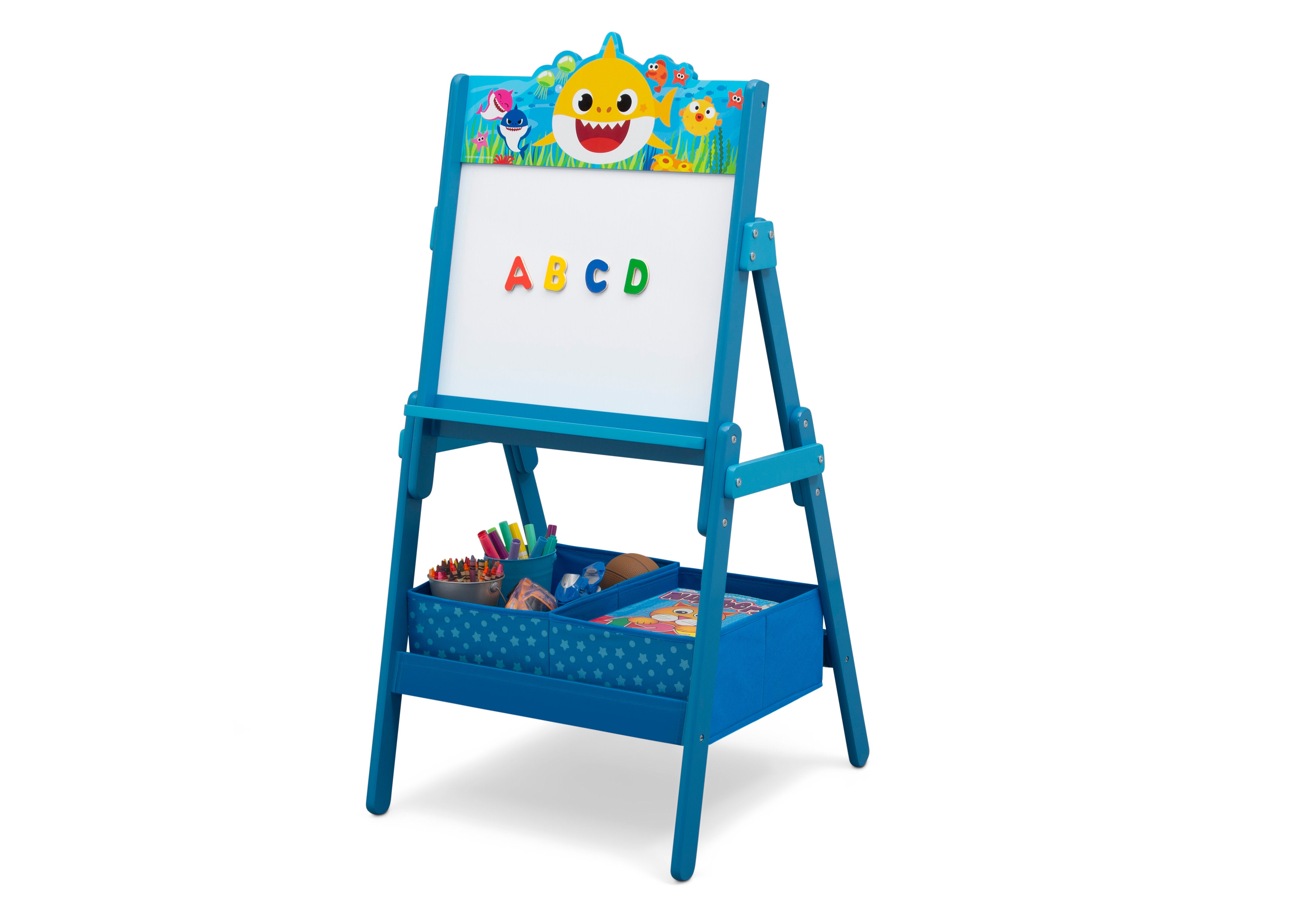 Baby Shark Wooden Activity Easel with Storage - Kids Art Easel with Chalkboard & Whiteboard - Perfect for Home, Classroom & Preschool Learning Activities