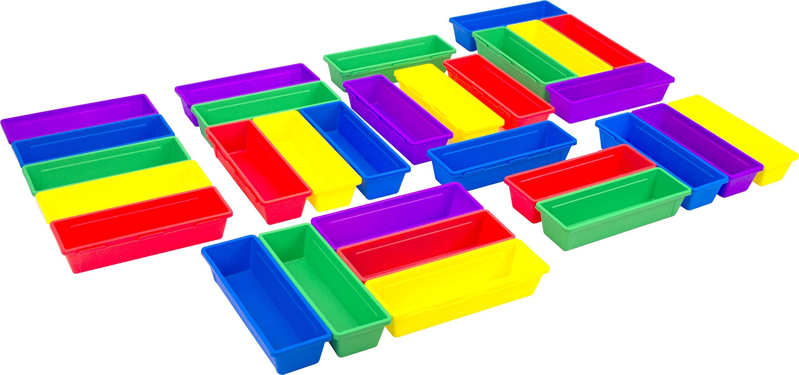 Storex Craft & Pencil Trays, 9.25 x 3 x 1.9 Inches, Assorted Colors (Set of 6 Packs, 30 Trays Total) - Perfect for Classroom, Office & Art Supply Organization - Durable Plastic Desk Organizer for Pens, Markers, Scissors & Craft Supplies