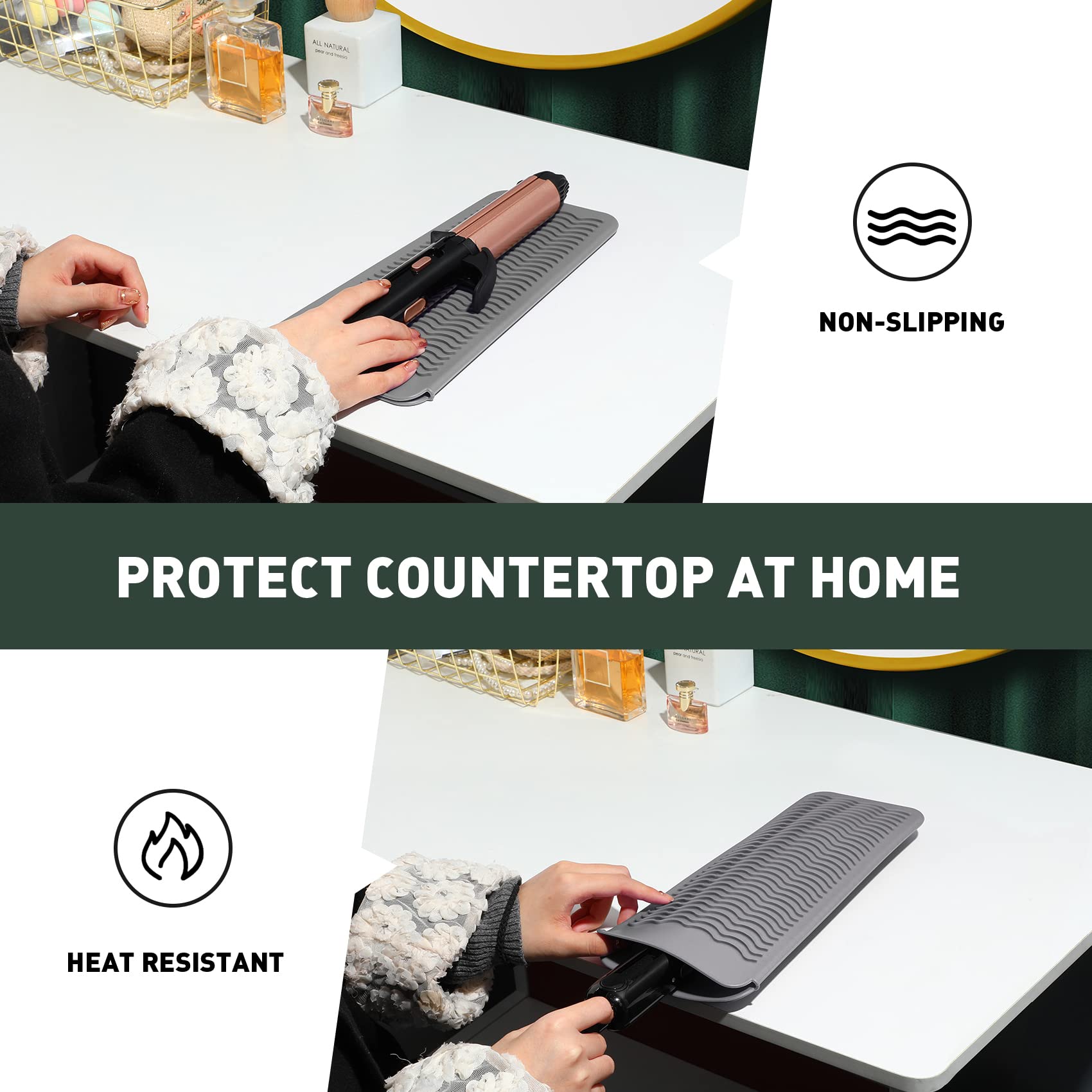 ZAXOP 2 Pack Heat Resistant Silicone Mat & Pouch for Flat Iron, Curling Iron, Hair Straightener - Thermal Protection for Hot Hair Tools (Mint Green & Grey) | Perfect for Travel, Salon & Home Styling