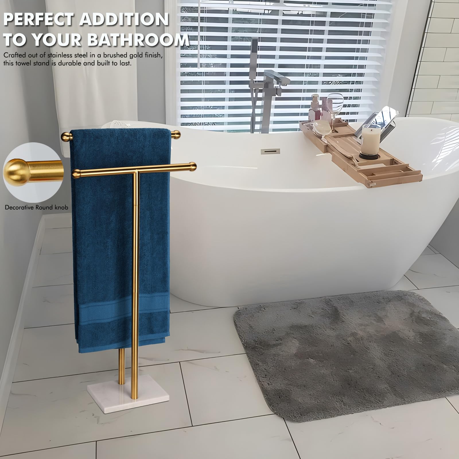 Double-T Shape Tall Standing Towel Rack with Marble Base - 2 Tier Stainless Steel Bathroom Towel Holder (Brushed Gold) | Perfect for Bathrooms, Spas & Luxury Home Decor