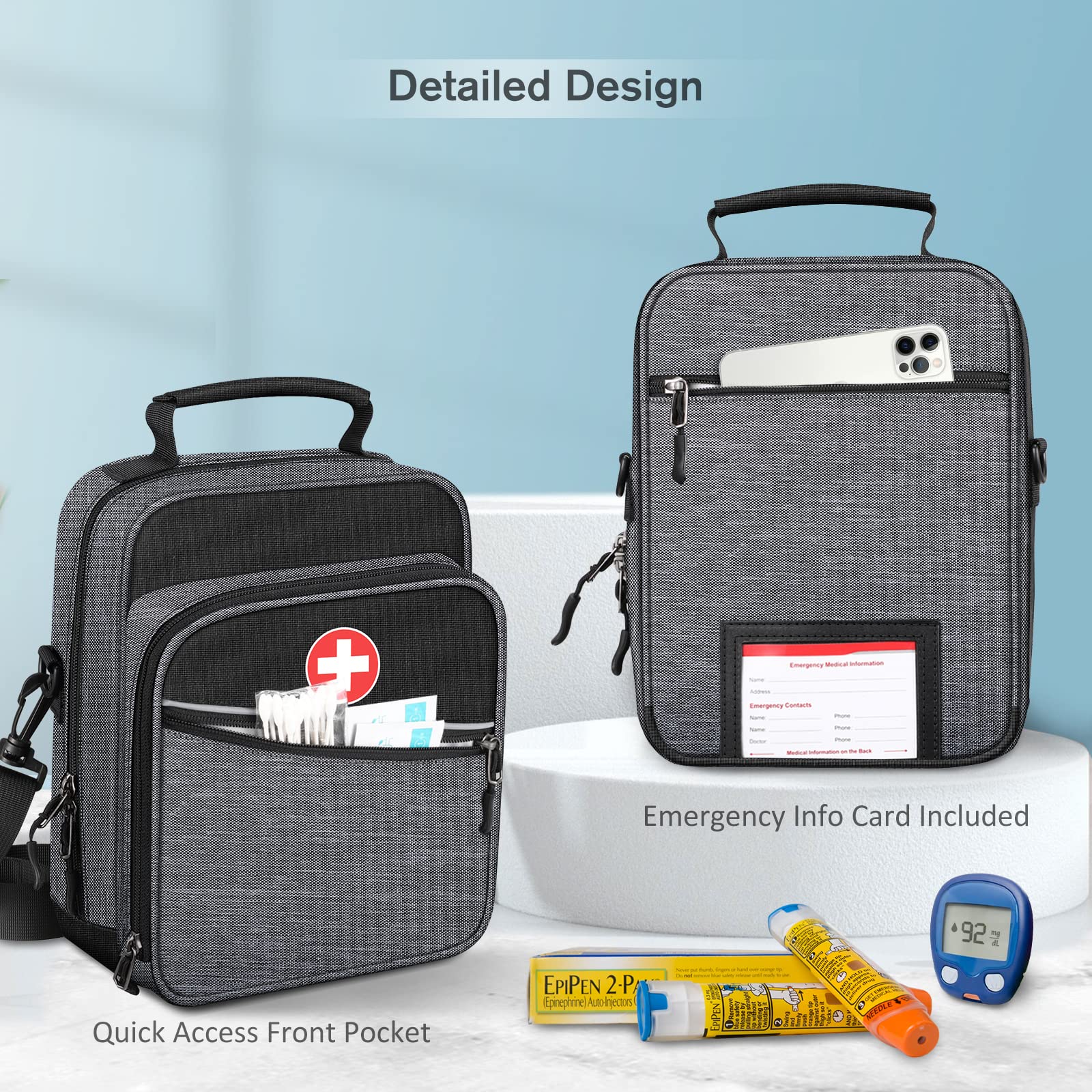 Insulated Insulin Cooler & EpiPen Carrying Case - Travel Medication Organizer Bag for Diabetes Supplies, Asthma Inhaler, Auvi-Q & Allergy Medicine Essentials with Adjustable Shoulder Strap (Gray) - Perfect for Travel, Work, School & Outdoor Activities