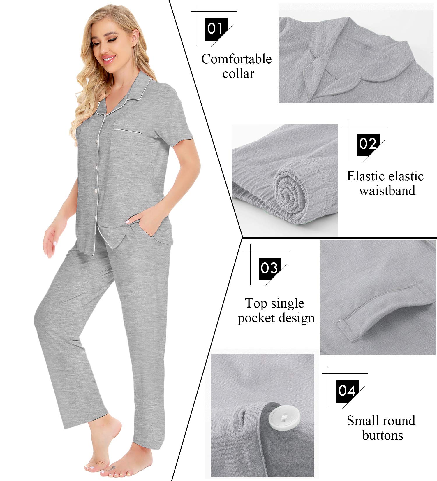 SWOMOG Women's Pajama Sets - Soft 2-Piece Sleepwear with Short Sleeve Top & Long Pants, Button Down Nightwear for Lounge & Sleep - Perfect for Relaxing at Home, Sleepovers & Cozy Nights