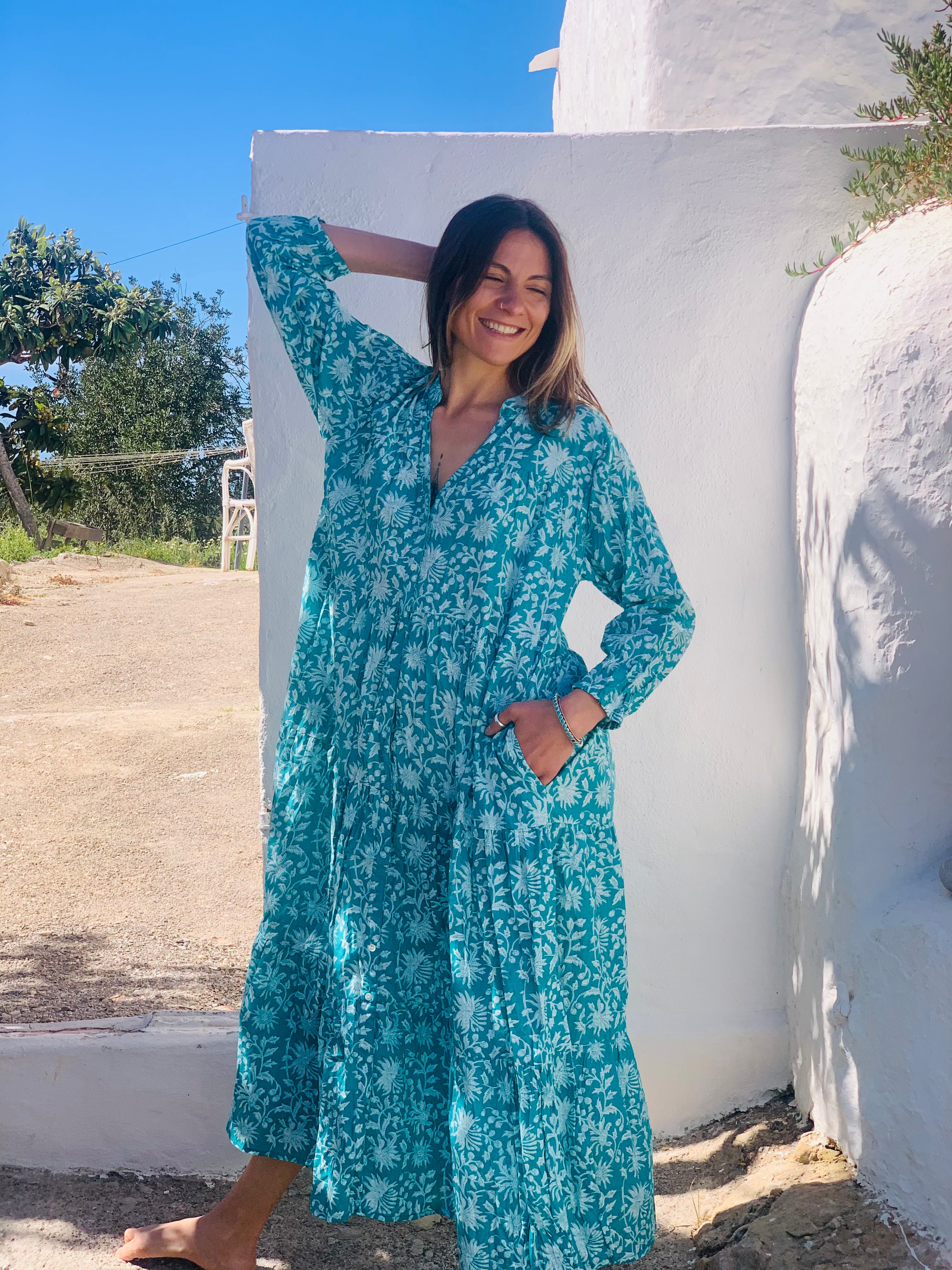 Turquoise Green Hawa Mahal Kaftan Dress for Women - Boho Chic Beach Cover Up, Resort Wear for Formentera Vacations & Summer Getaways