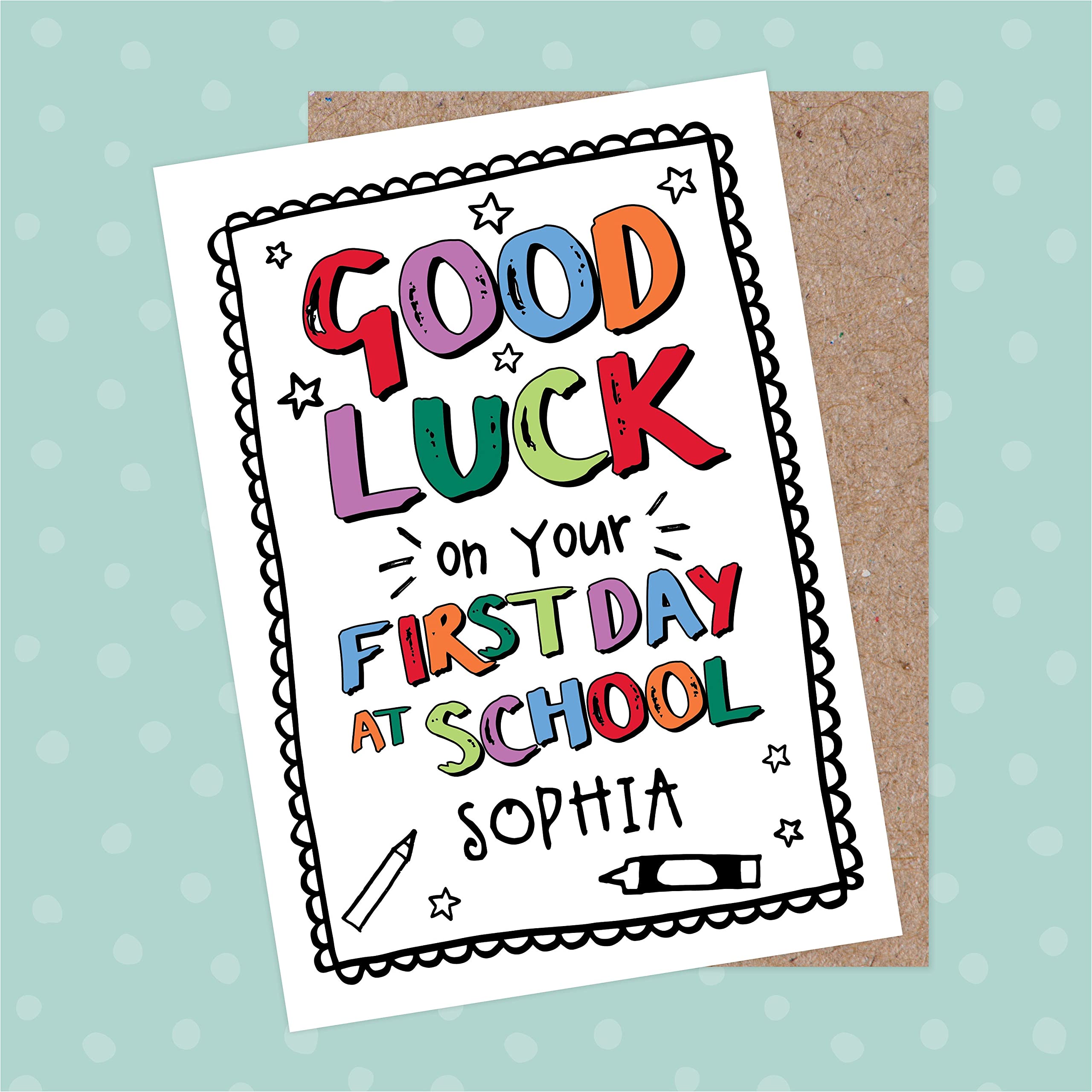 Personalized First Day of School Card - Custom Good Luck Back to School Greeting with Pencils Design for New Students & Teachers | Perfect for Kindergarten, Elementary School & New School Year Celebrations